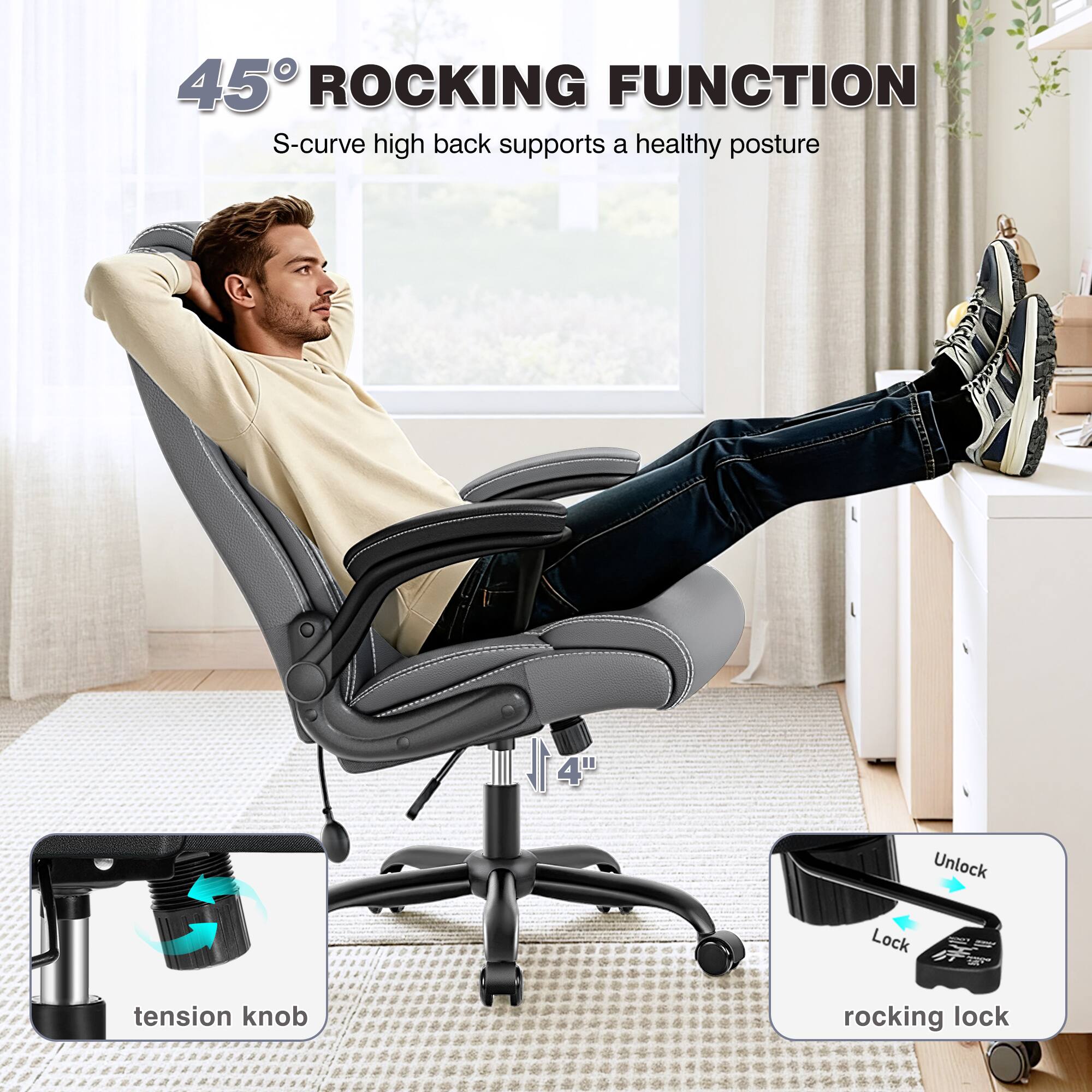 45° ROCKING FUNCTION  
S-curve high back supports a healthy posture  

Unlock Lock  
tension knob rocking lock