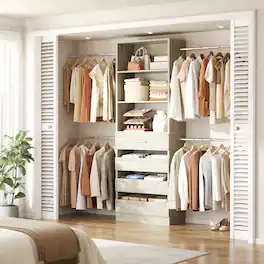 Aheaplus - 4-9FT Adjustable Wooden Closet Organizer, 4 Drawers & 4 Hanging Rods, Heavy Duty Walk-in Wardrobe System - White Oak