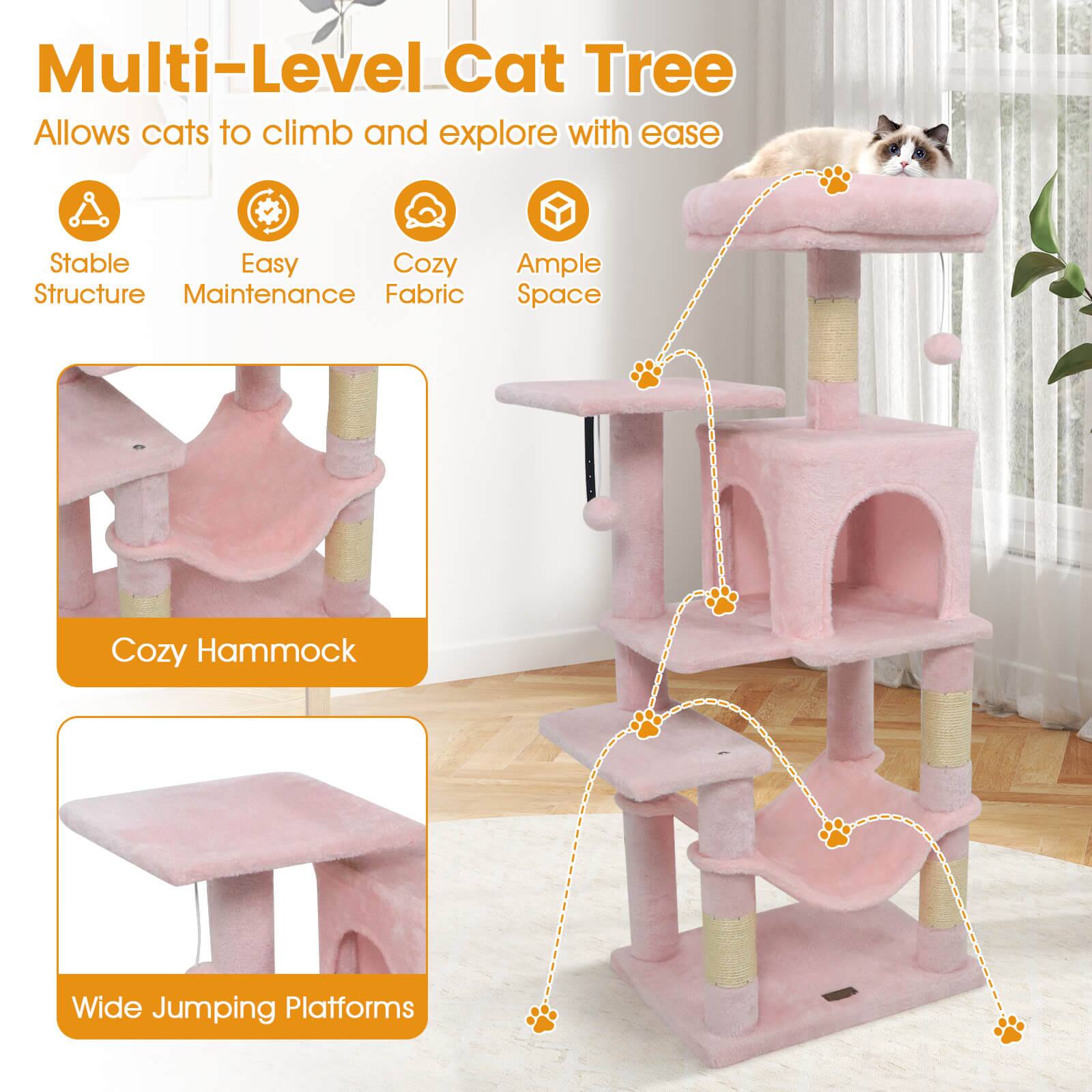 Multi-Level Cat Tree  
Allows cats to climb and explore with ease  

- Stable Structure  
- Easy Maintenance  
- Cozy Fabric  
- Ample Space  

Cozy Hammock  
Wide Jumping Platforms