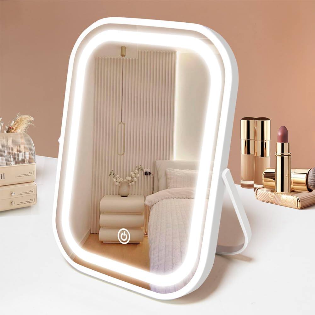 Front. Stylel Star - Travel Makeup Mirror With Lights Portable Small Beauty Led Vanity 1200mah Dimmable Touch Screen Tabletop Folding Compact.