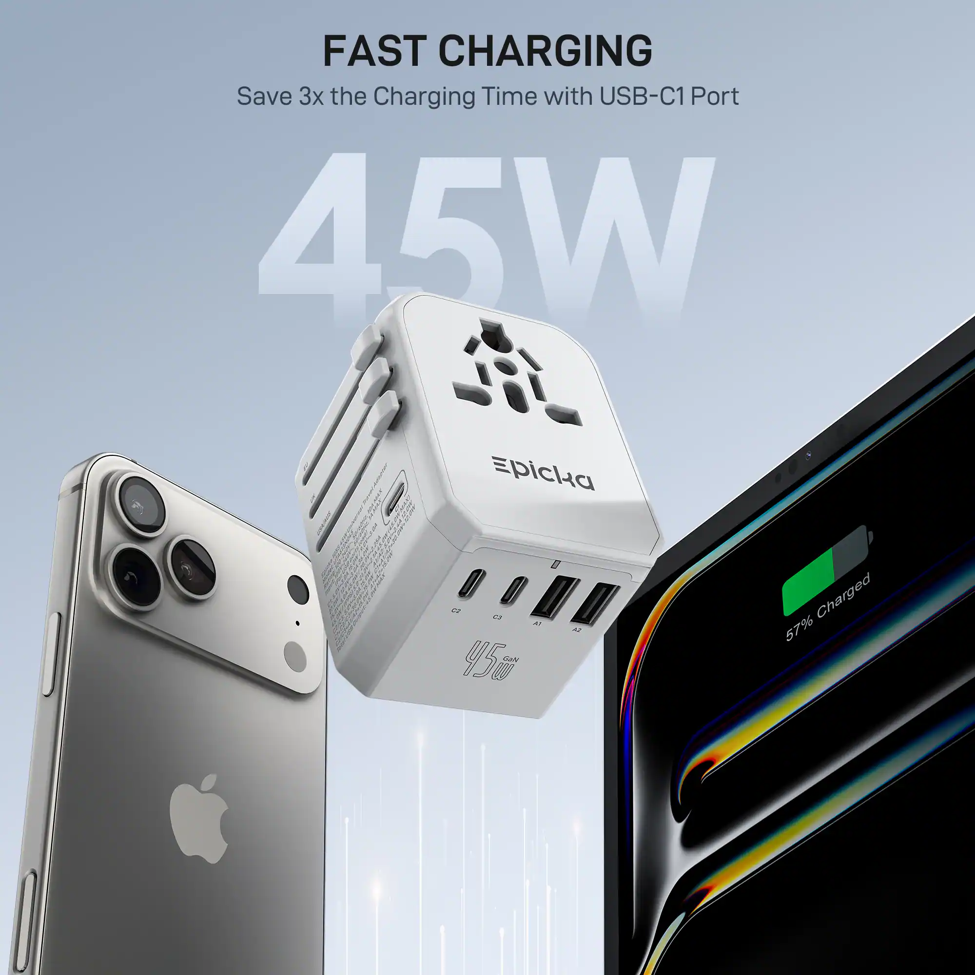 FAST CHARGING  
Save 3x the Charging Time with USB-C1 Port  
45W  
57% Charged