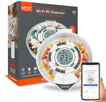 MOBI Smart Medication & Vitamin Wi-Fi Pill Dispenser With UV Blocking Lid
MOBI ONE APP MANAGES & CONTROLS MULTIPLE DEVICES
MOBI CONNECT
Smart Medication & Vitamin Dispenser
Wi-Fi Pill Dispensing Lid
ONE APP MANAGES & CONTROLS MULTIPLE DEVICES
Package Includes One System, See Back For Details
Up to 28 days
Smart Alarm
Alarm
24 active slots
4 day cycle