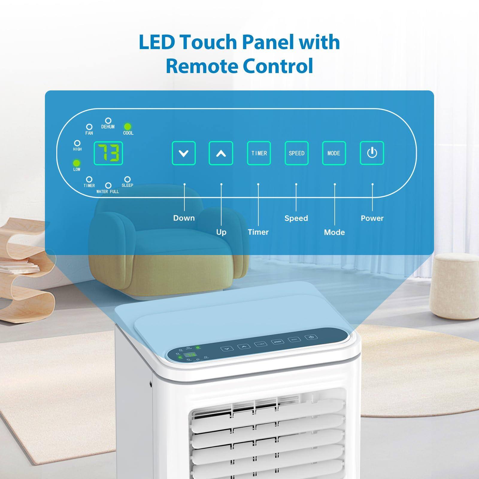 LED Touch Panel with Remote Control

- FAN
- DEHUM
- COOL
- HIGH
- LOW
- TIMER
- WATER FULL
- SLEEP
- TIMER
- SPEED
- MODE
- Power
- Down
- Up
- Timer
- Speed
- Mode