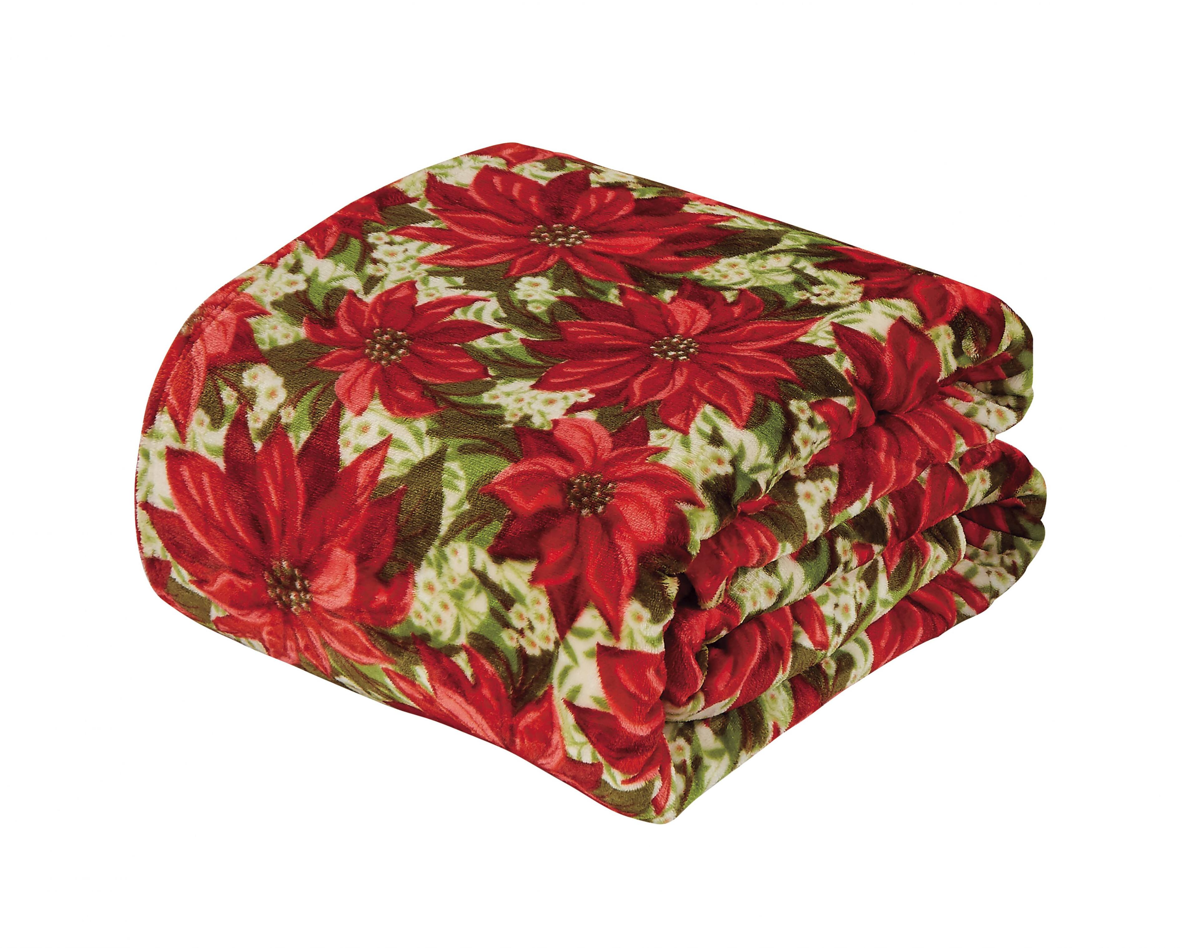 Left. Noble House - Christmas  Festive and Cheery Holiday Super Soft Ultra Comfy Microplush Throw Blanket 50"x60" - Poinsetta - Poinsetta.