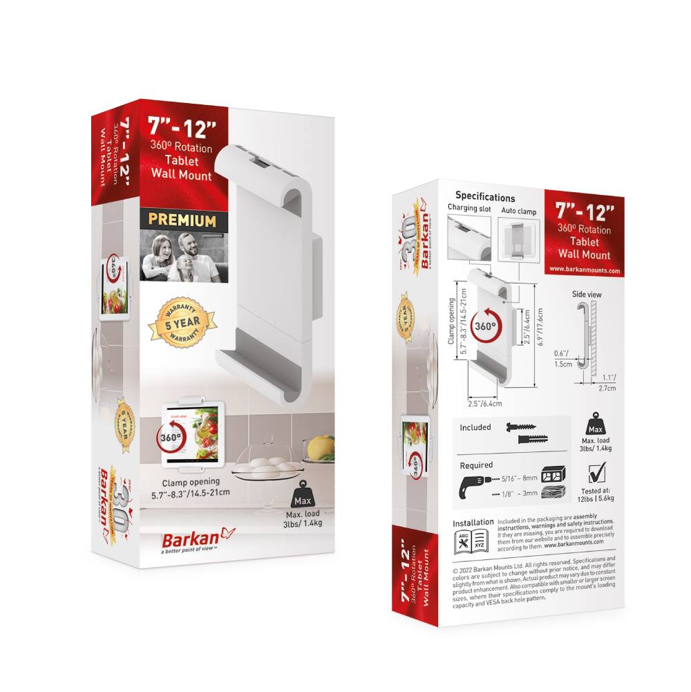 **7" - 12" 360° Rotation Tablet Wall Mount**

**PREMIUM**

**5 YEAR WARRANTY**

**Specifications**

- Charging slot
- Auto clamp
- Clamp opening: 5.7" - 8.3" / 14.5 - 21cm
- Max load: 3lbs / 1.4kg
- Side view opening: 6.4cm
- Clamp: 0.67" / 1.7cm
- 360° Rotation
- Included: Screws
- Required: 5/16" - 8mm, 3mm
- Tested at: 12lbs / 5.4kg

**Installation**

- Included in the packaging: assembly instructions, warnings, and safety instructions.
- If they are missing, download them from www.barkanmounts.com and assemble precisely according to them.

**Barkan Mounts**

**© 2022 Barkan Mounts Ltd. All rights reserved.**

**Note:** Actual product may differ slightly from what is shown. Specifications and colors are subject to change without prior notice.