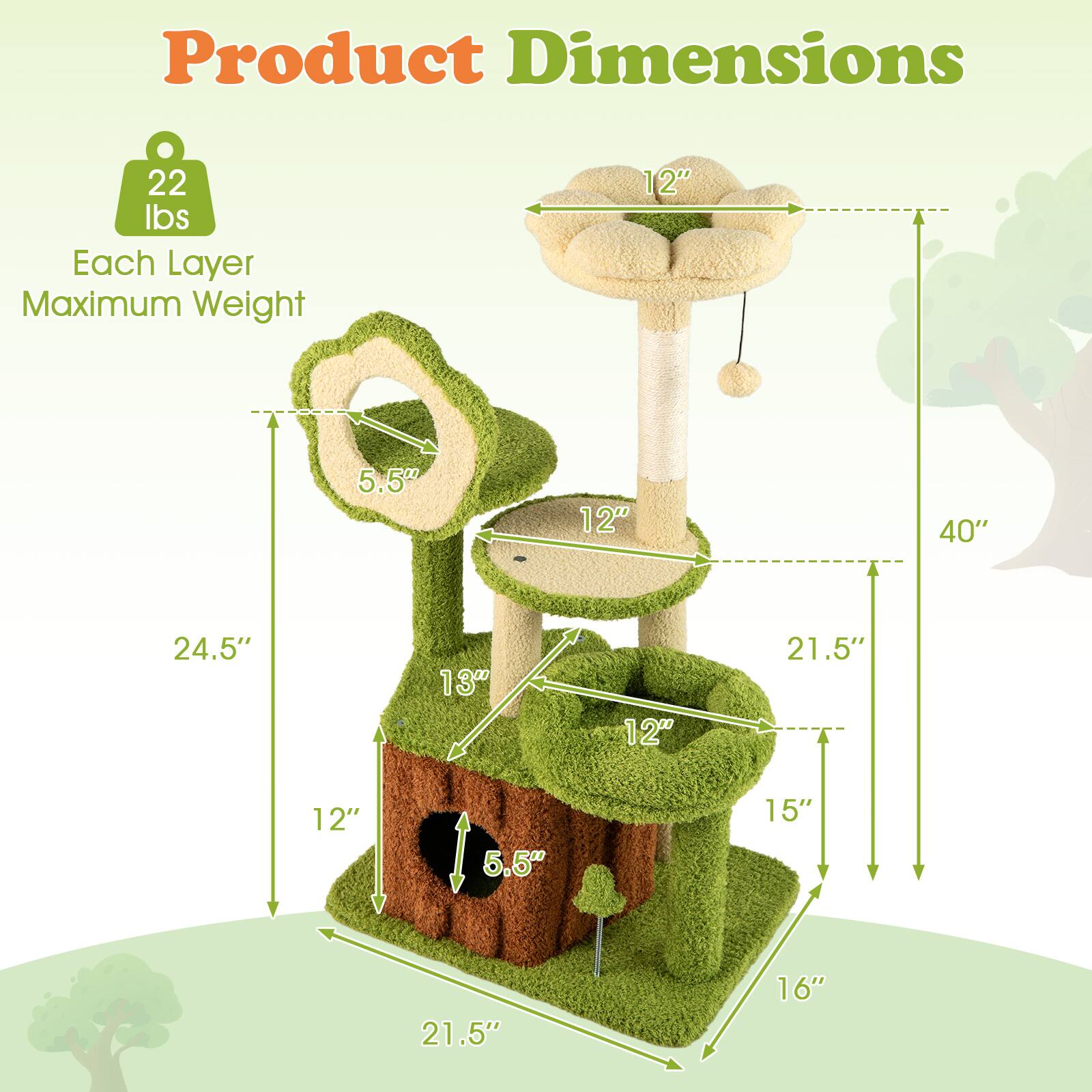 Product Dimensions  
22 lbs Each Layer Maximum Weight  
12" 5.5" 12" 40" 24.5" 13" 12" 21.5" 12" 5.5" 15" 21.5" 16"