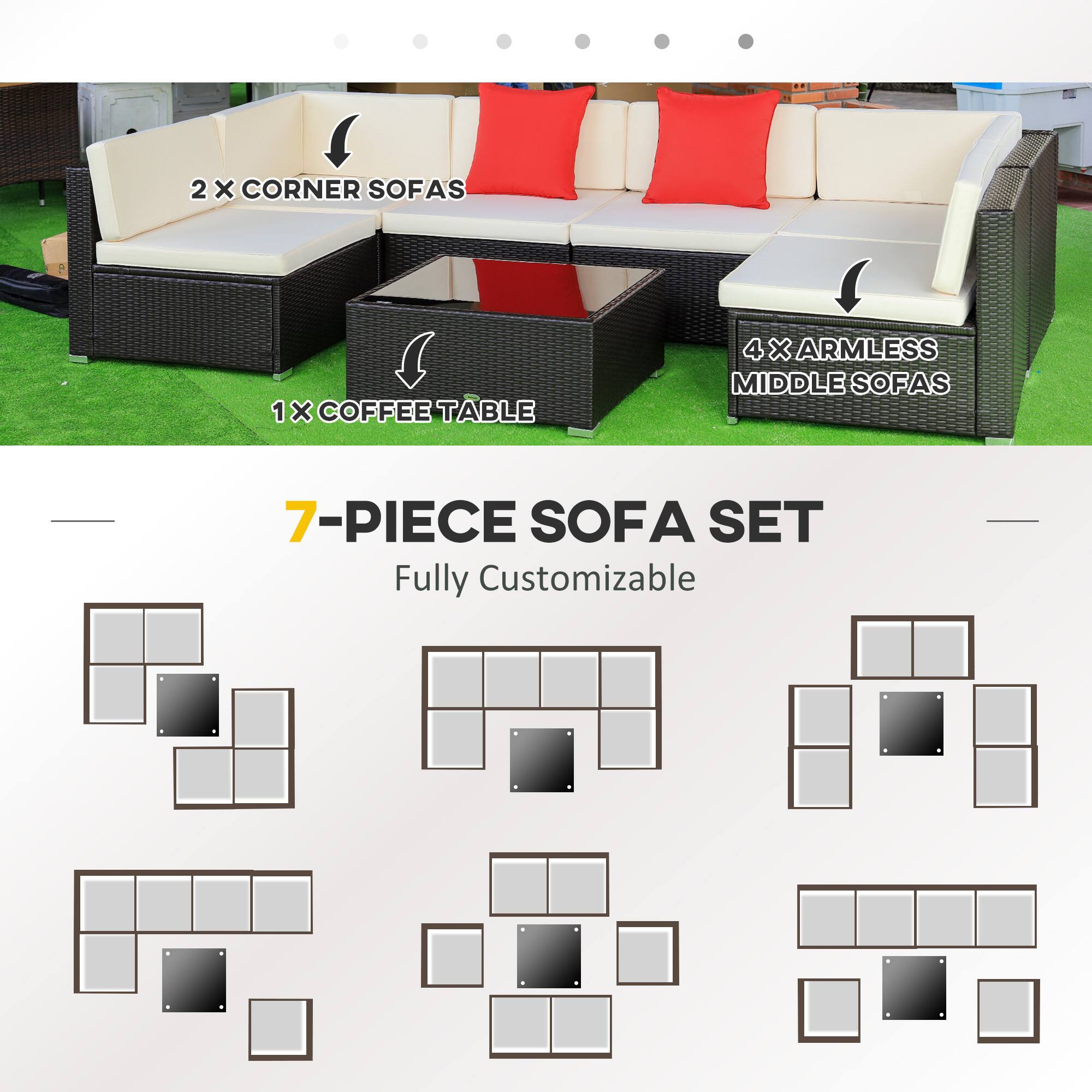 2 x Corner Sofas  
1 x Coffee Table  
4 x Armless Middle Sofas  

7-Piece Sofa Set  
Fully Customizable
