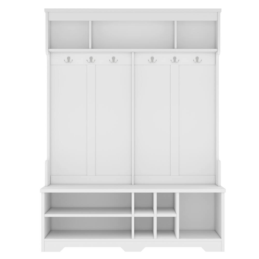 Alt View 2. Loheer - Loheer Modern White Hall Tree, Entryway Coat Rack with Shoe Cubbies, Metal Hooks, 59.1 Inch Wide - White.