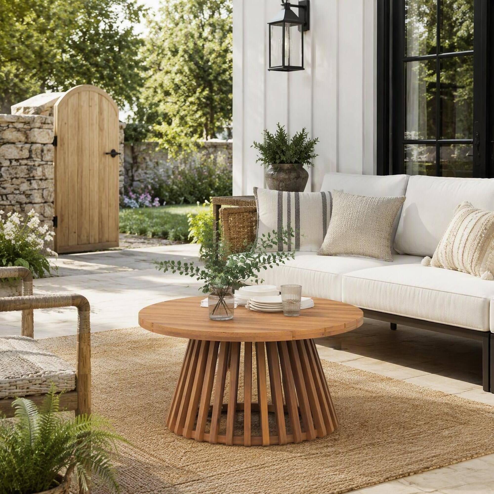 Angle. RYHNUYNE - Round Outdoor Wood Coffee Table,Patio Accent Table with Slatted Pedestal Base,Wooden Side Table for Backyard - Light Teak.