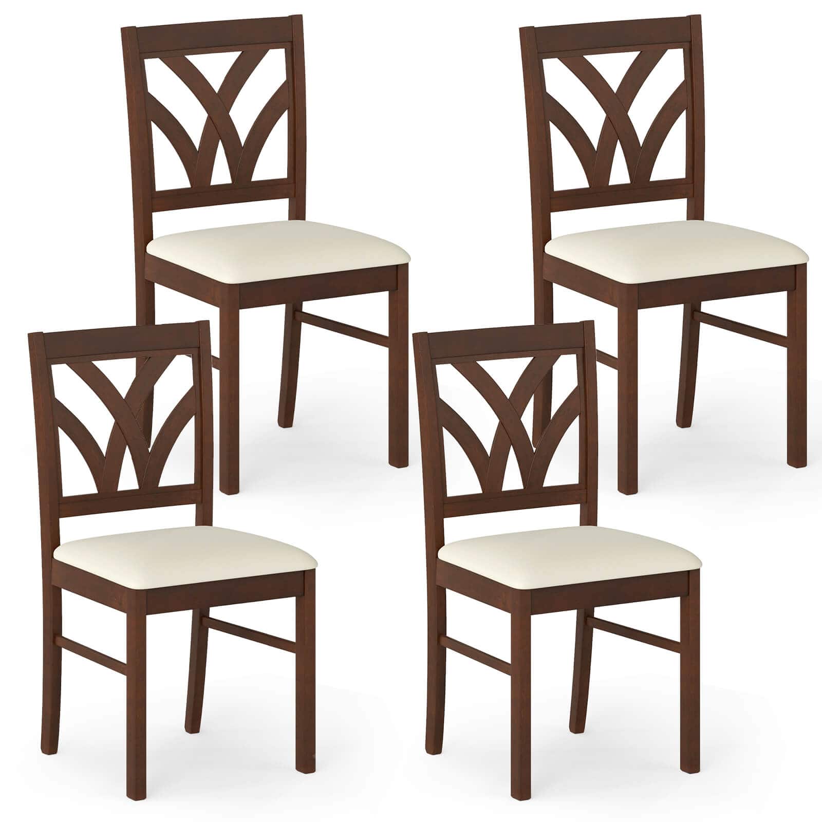 Costway - Wooden Dining Chairs Set of 4 with Rubber Wood Frame Hollowed Backrest for Kitchen - Brown + Beige