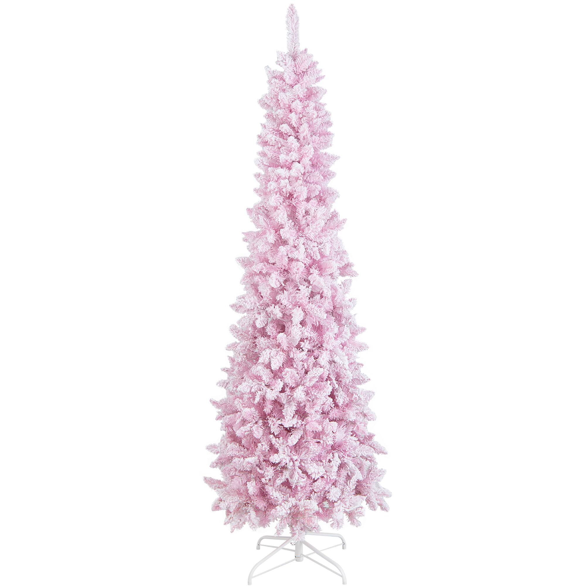 Alt View 9. Gymax - Gymax 7FT Pre-Lit Flocked Christmas Pencil Snow Tree Holiday Decor Tree w/ LED Lights - Pink, White.