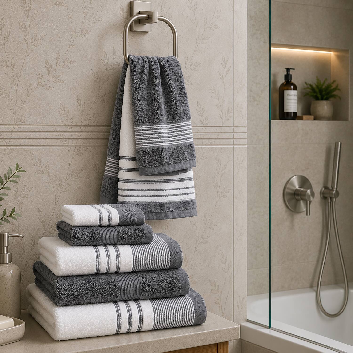 Left. Plazatex - Plazatex Two Tone  Zero Twist 100% Cotton Soft & Absorbent 12 Piece Bathroom Towel Set Gray - Gray.