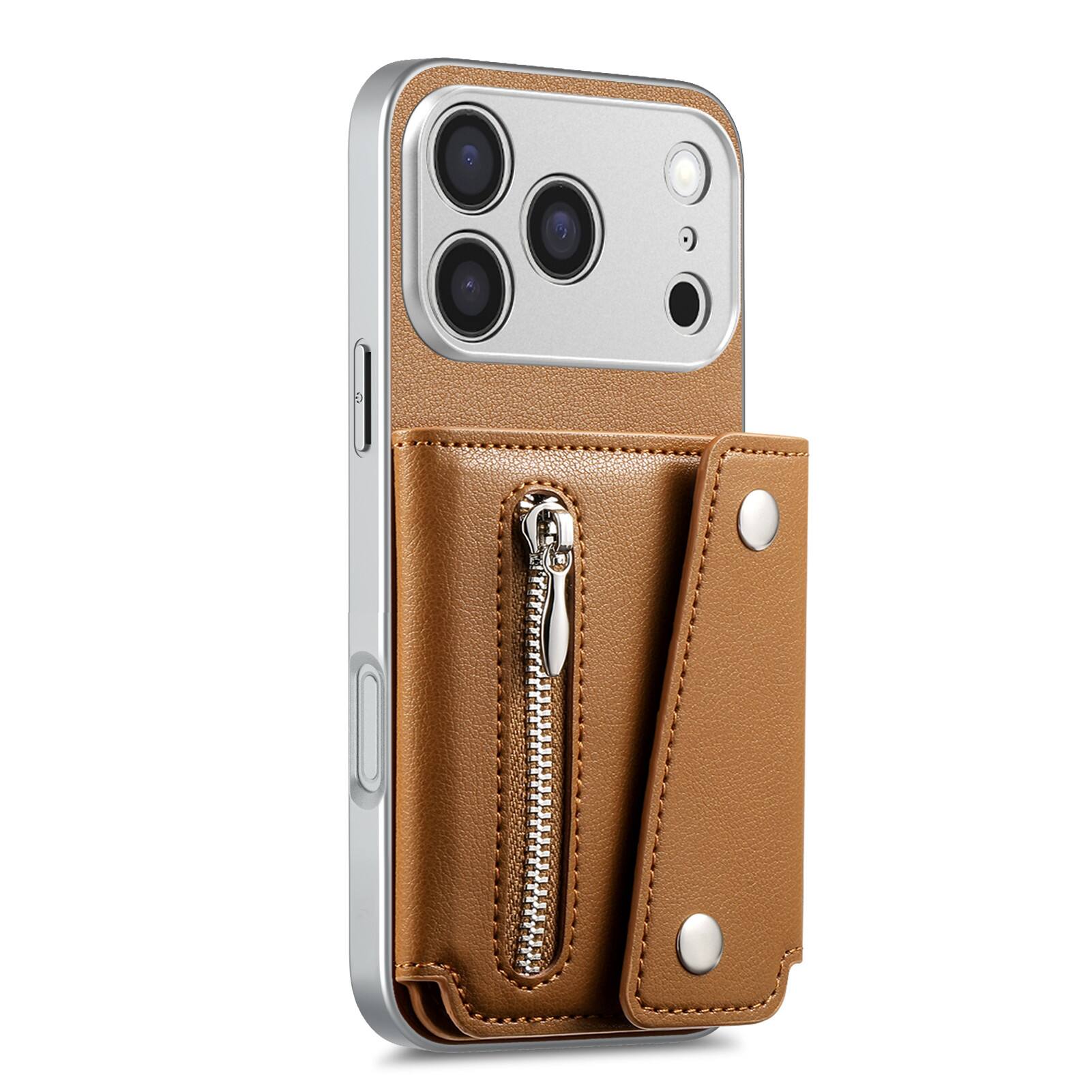 Left. Dteck - PU Leather Wallet Case for Apple iPhone 17 Pro, Shockproof Kickstand Phone Cover with Card Slots and Zipper Pocket - Brown.