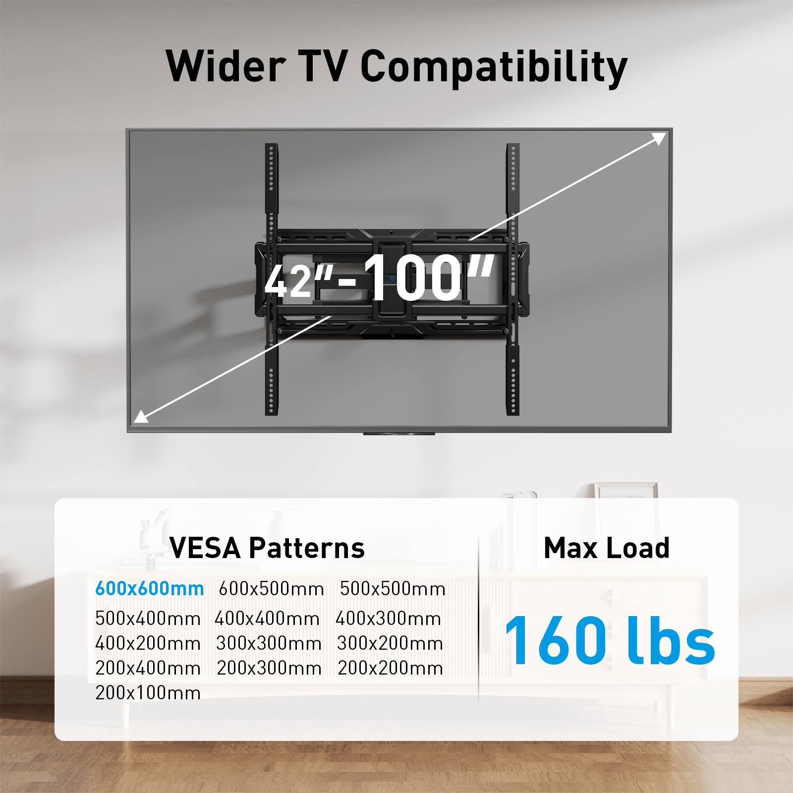 Wider TV Compatibility ........ 42"-100"  
VESA Patterns  
600x600mm  
600x500mm  
500x500mm  
500x400mm  
400x400mm  
400x300mm  
400x200mm  
300x300mm  
300x200mm  
200x400mm  
200x300mm  
200x200mm  
200x100mm  

Max Load  
160 lbs