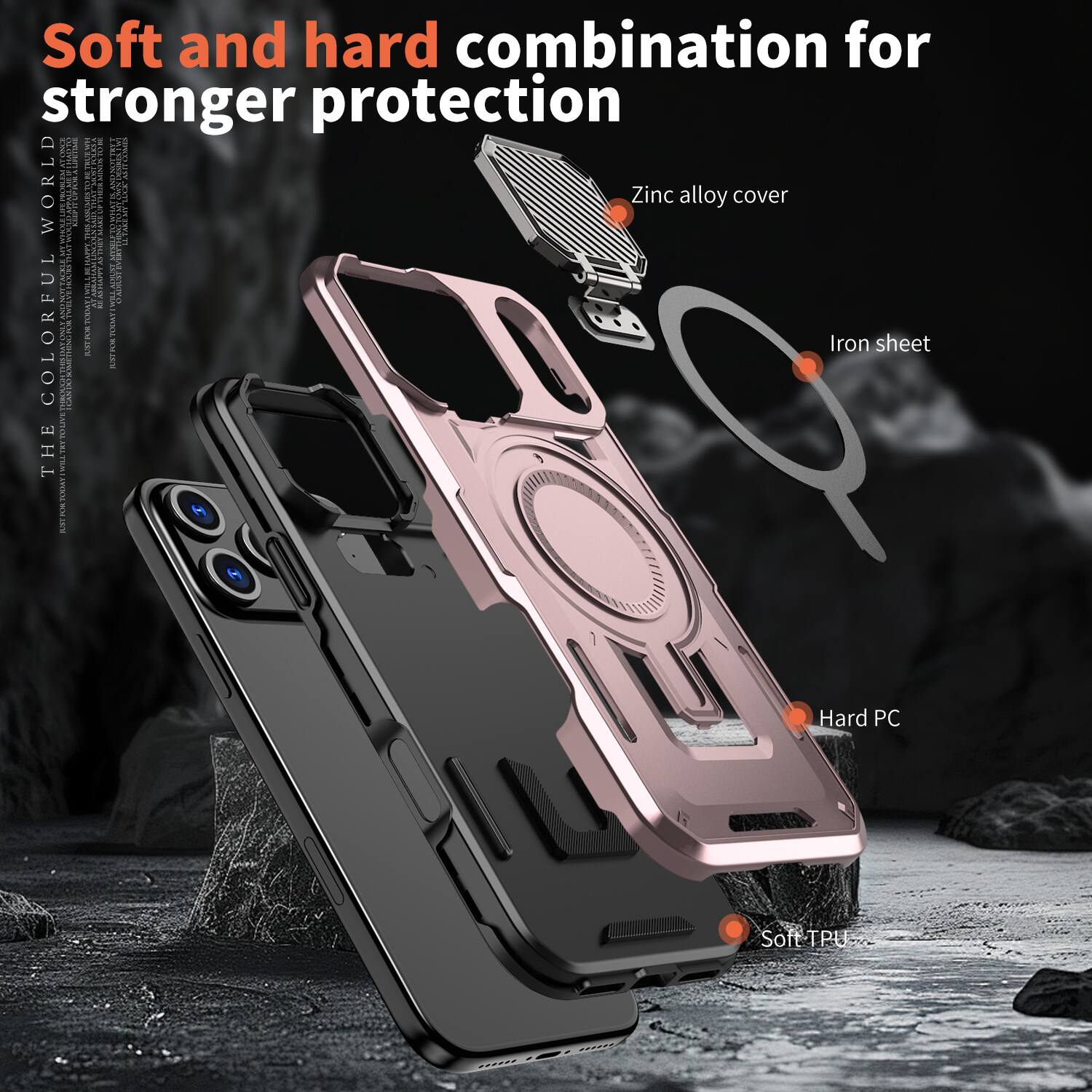 Soft and hard combination for stronger protection

- Zinc alloy cover
- Iron sheet
- Hard PC
- Soft TPU