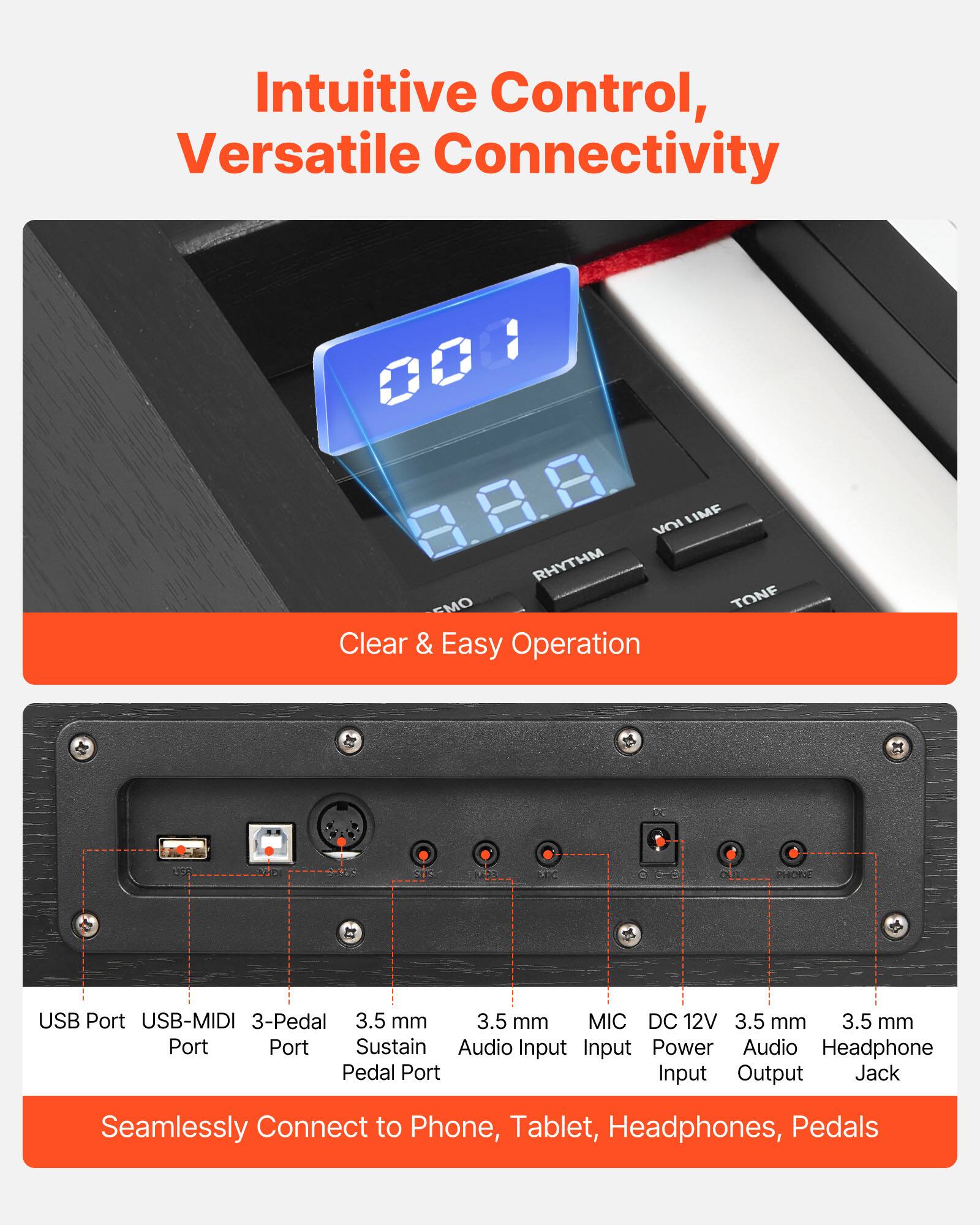 Intuitive Control, Versatile Connectivity

Clear & Easy Operation

Seamlessly Connect to Phone, Tablet, Headphones, Pedals

- USB Port
- USB-MIDI Port
- 3-Pedal Port
- 3.5 mm Sustain Pedal Port
- 3.5 mm Audio Input
- 3.5 mm MIC Input
- DC 12V Power Input
- 3.5 mm Audio Output
- 3.5 mm Headphone Jack