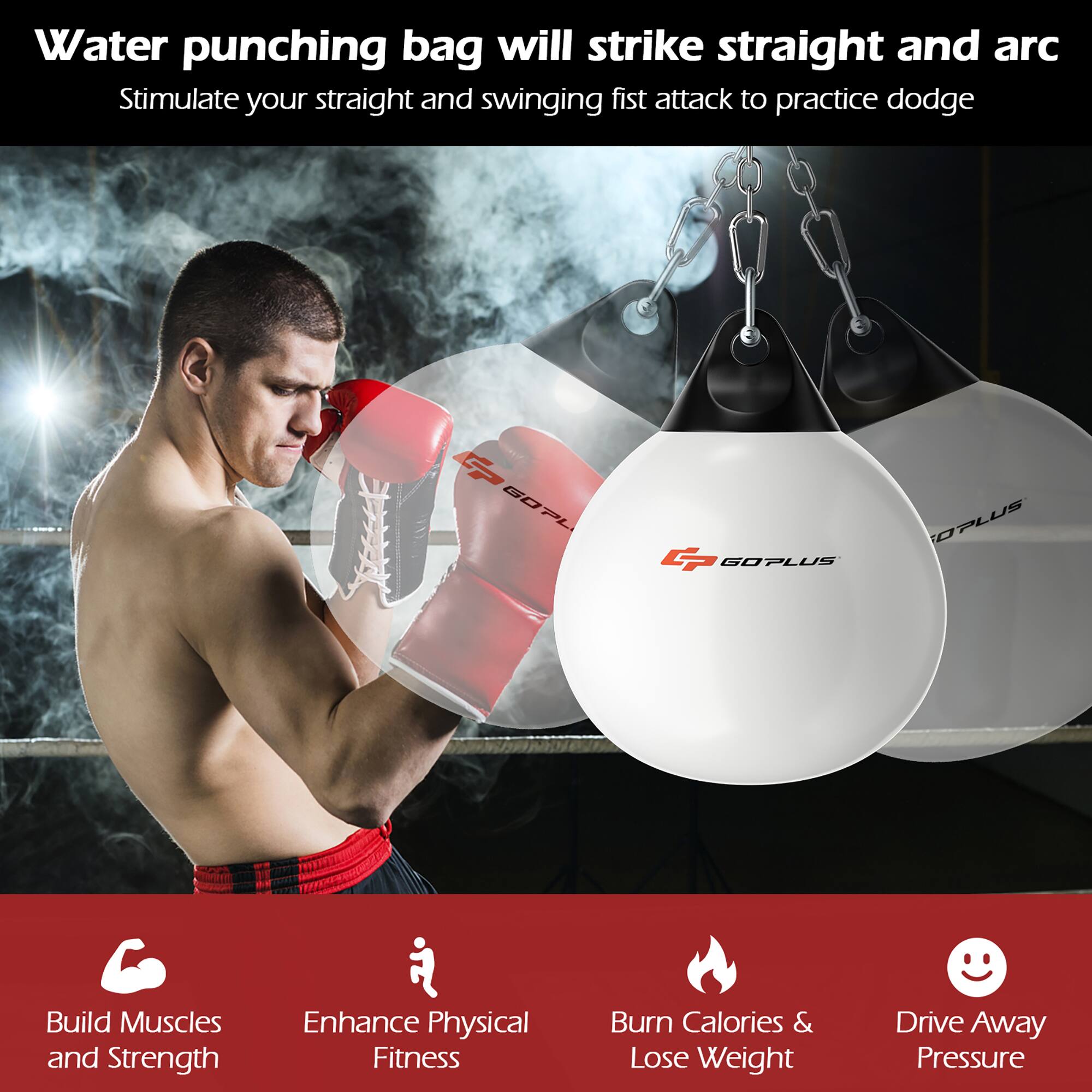 Water punching bag will strike straight and arc  
Stimulate your straight and swinging fist attack to practice dodge  

- Build Muscles and Strength  
- Enhance Physical Fitness  
- Burn Calories & Lose Weight  
- Drive Away Pressure