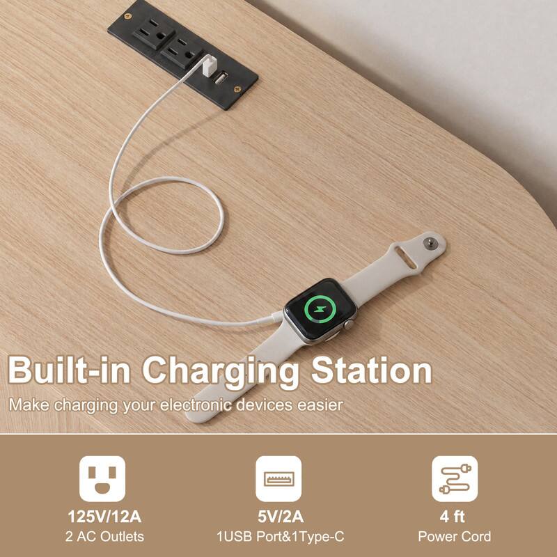 Built-in Charging Station  
Make charging your electronic devices easier

125V/12A 2 AC Outlets  
5V/2A 1USB Port & 1Type-C  
4 ft Power Cord