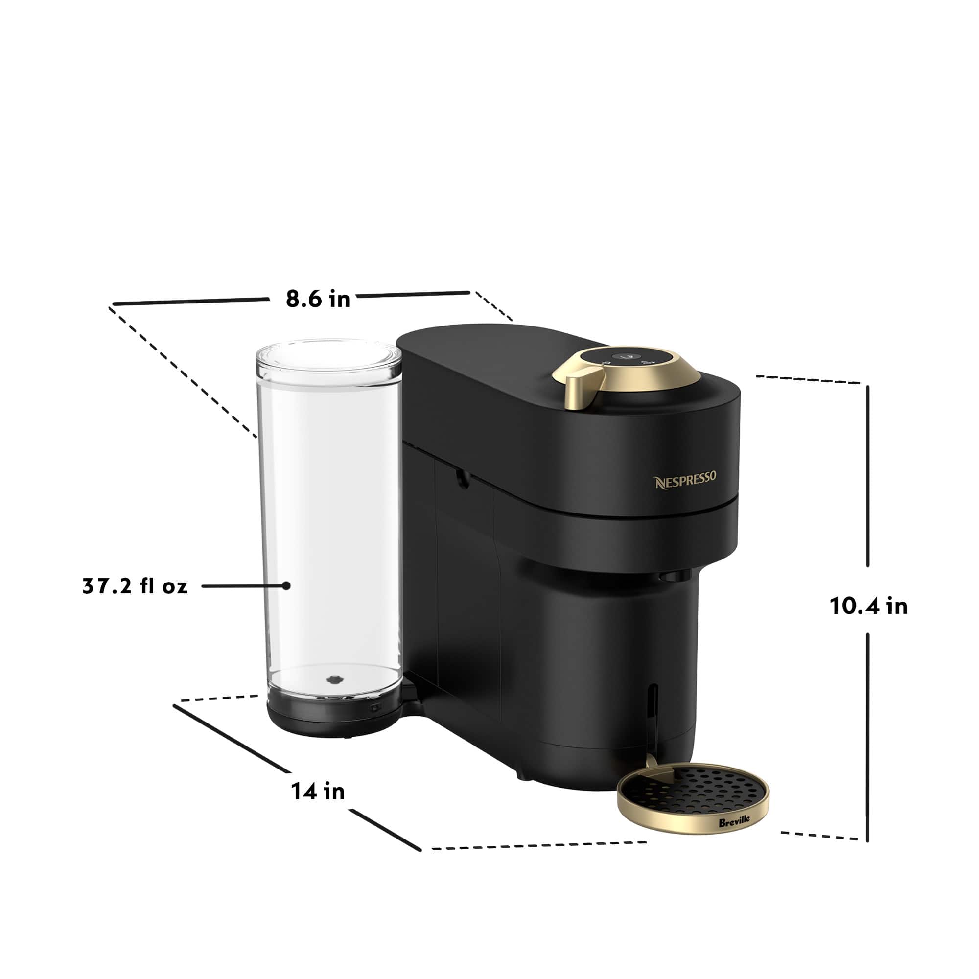 The image shows a coffee maker with a measuring chart next to it. The chart indicates that the coffee maker has a height of 8.6 inches, and it can hold 37.2 fluid ounces of liquid. The coffee maker is made by Breville, and it is designed to hold 10.4 inches of liquid. The image also shows the coffee maker's dimensions, with a height of 14 inches.