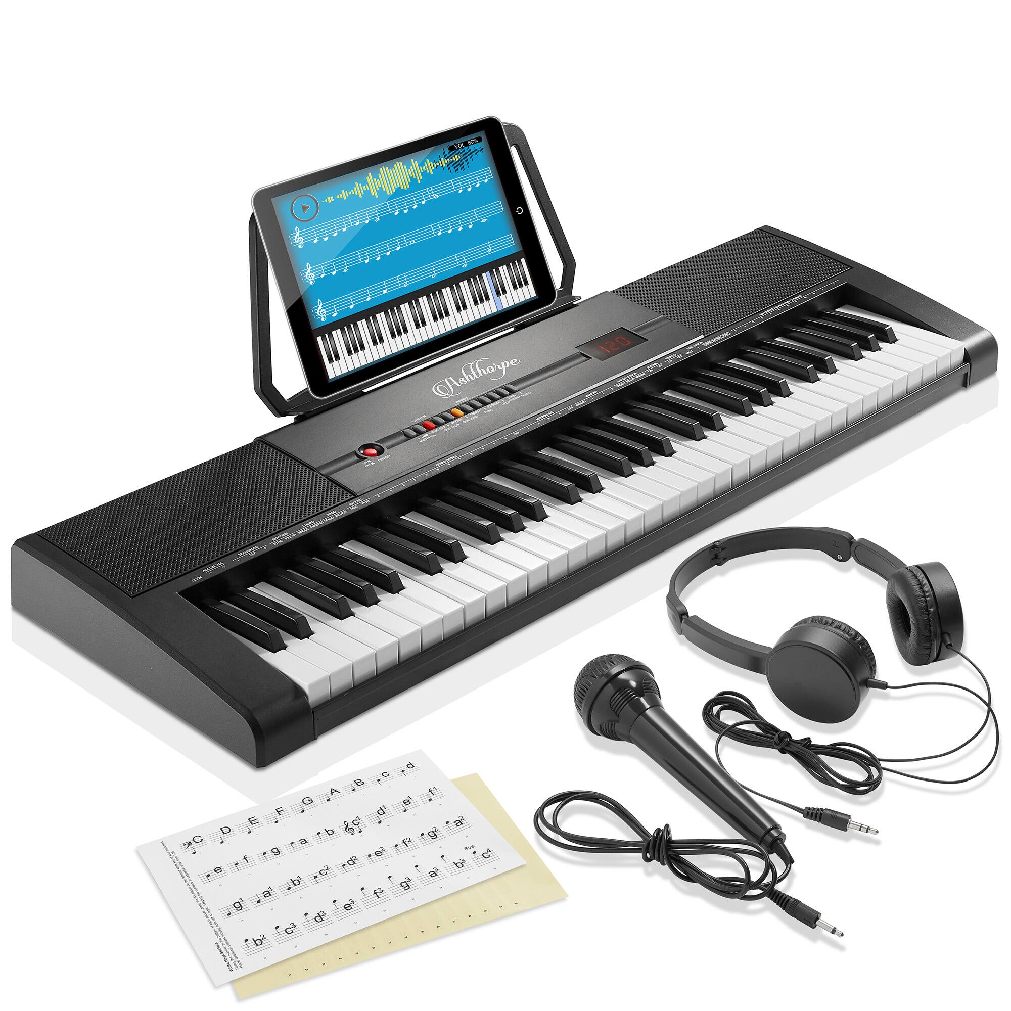 Ashthorpe - 61-Key Digital Keyboard - Portable Piano Beginner Kit w/ Phones - Mic - Black