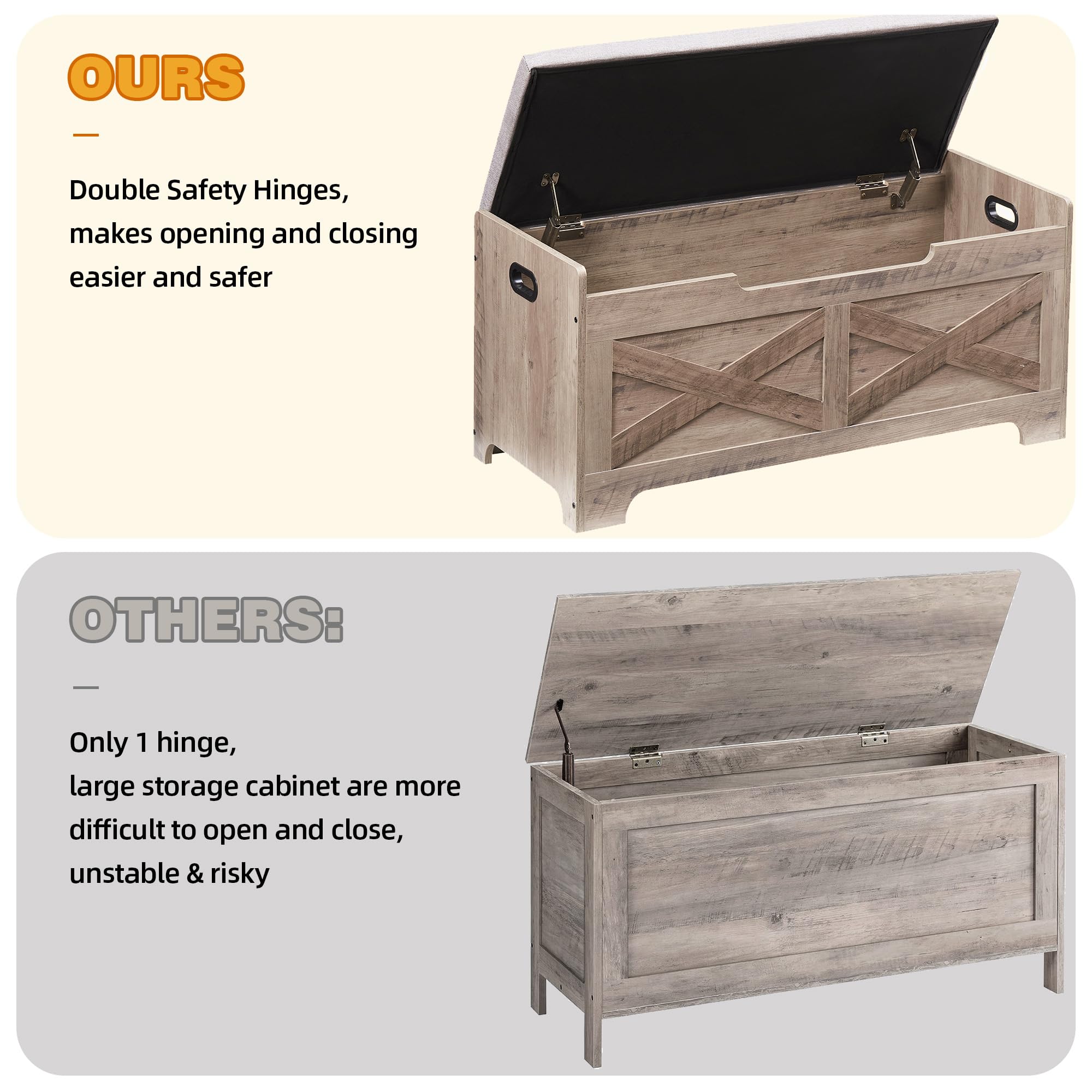 **OURS:**
- Double Safety Hinges, makes opening and closing easier and safer

**OTHERS:**
- Only 1 hinge, large storage cabinet are more difficult to open and close, unstable & risky