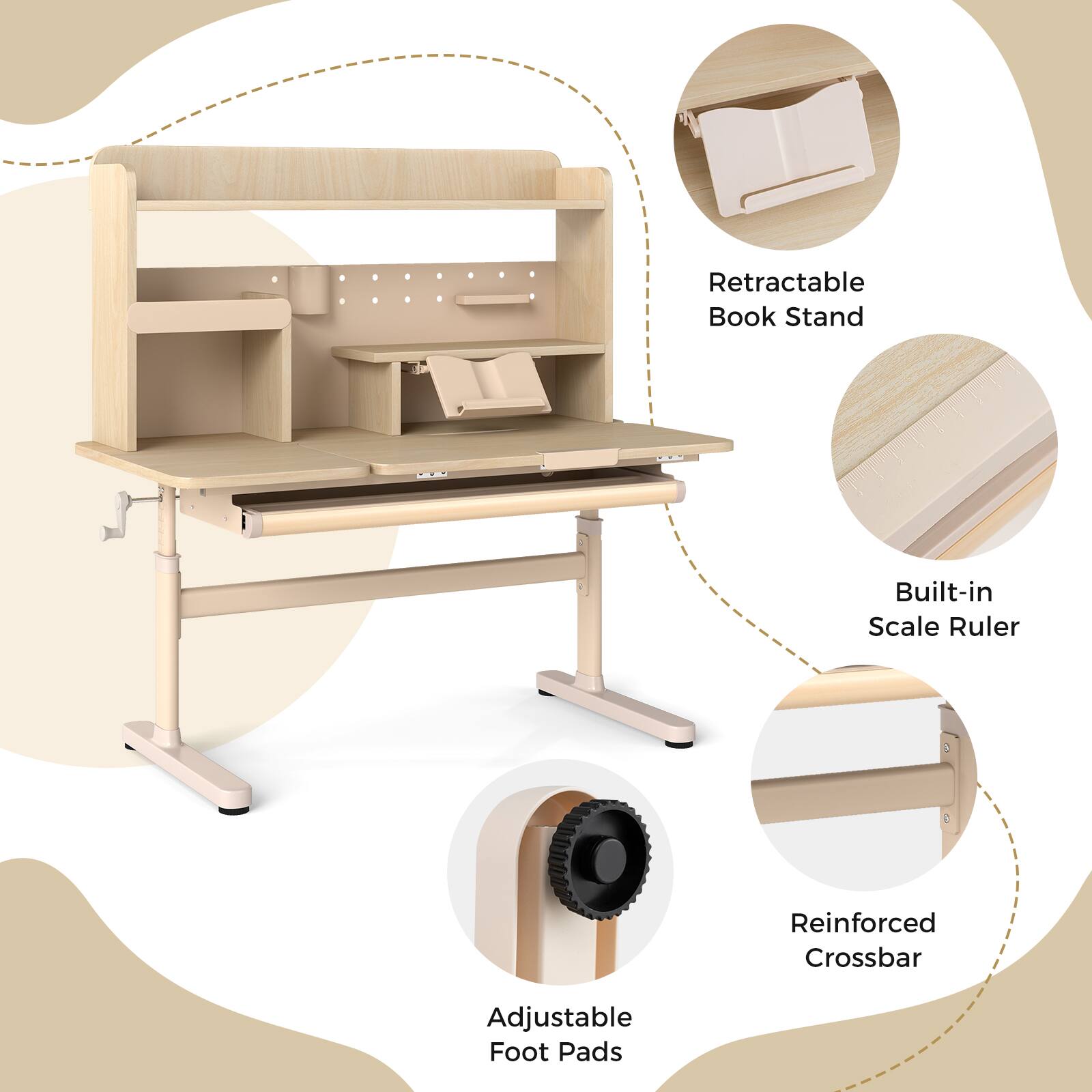 Retractable Book Stand  
Built-in Scale Ruler  
Reinforced Crossbar  
Adjustable Foot Pads
