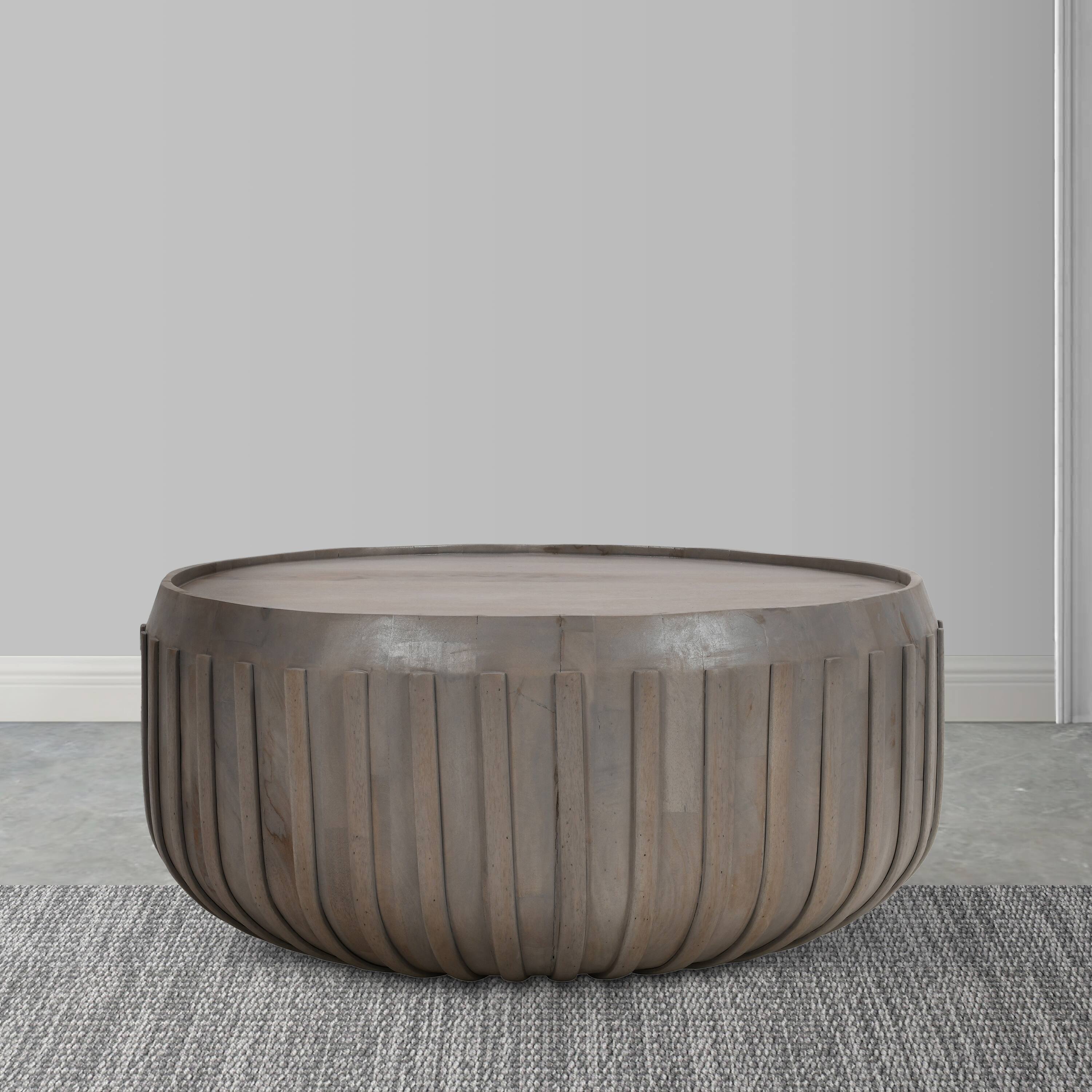Alt View 8. Manhattan Lane - Alisha 36 Inch Coffee Table, Handcrafted Drum Shape with Ribbed Edges, Mango Wood - Gray.