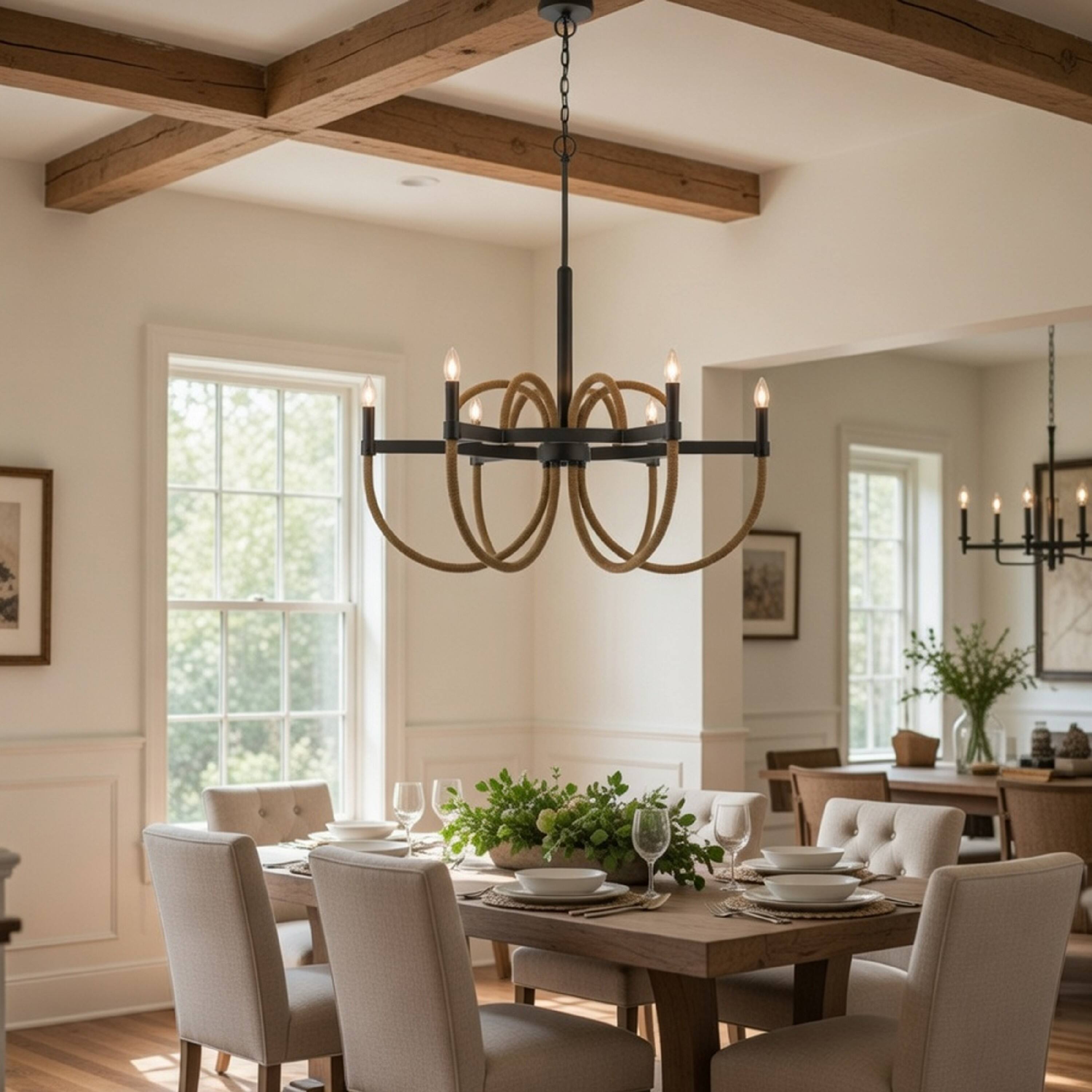 Alt View 4. Manhattan Lane - 6-Light Candelabra Chandelier with Burlap Rope, Black Metal, 31 Inch - Brown, Black.
