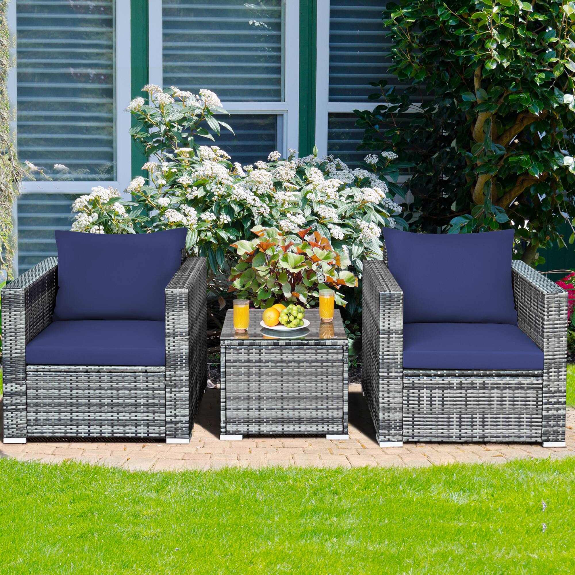 Alt View 3. Gymax - Gymax 3PCS Rattan Patio Conversation Furniture Set Outdoor Yard w/ Navy Cushion - Navy.