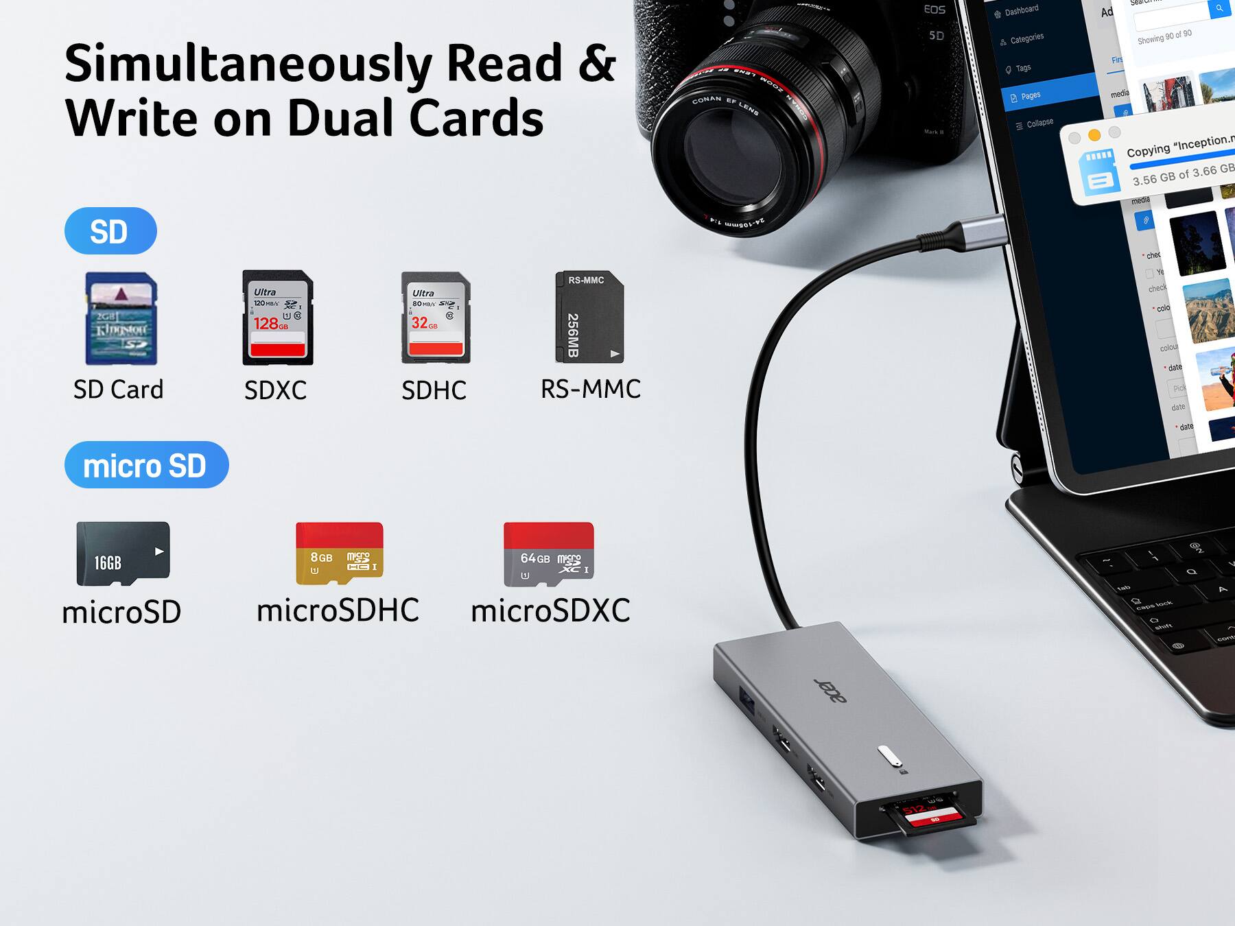 Simultaneously Read & Write on Dual Cards

SD
- SD Card
- SDXC
- SDHC
- RS-MMC

micro SD
- microSD
- microSDHC
- microSDXC

Copying "Inception.mp4" of 3.66 GB (3.56 GB)