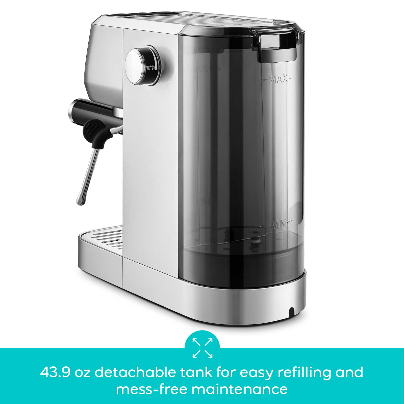 43.9 oz detachable tank for easy refilling and mess-free maintenance
