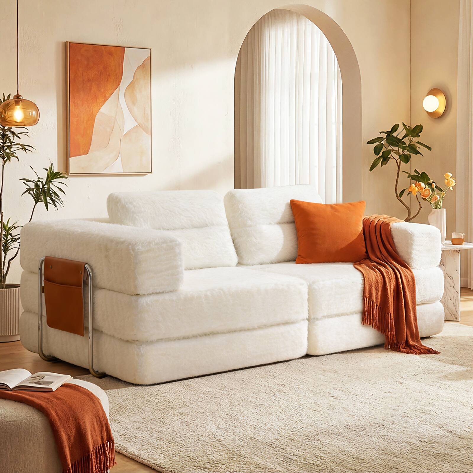 Front. Pinmoco - 81.5'' Modular Sectional Sleeper Sofa Bed, Convertible L Shaped Couch with Pillows and Storage - White.