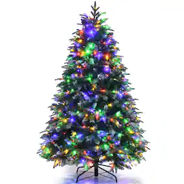 Costway - 5ft Pre-Lit Snowy Christmas Hinged Tree 11 Flash Modes w/ 250 Multi-Color Lights - Green/White