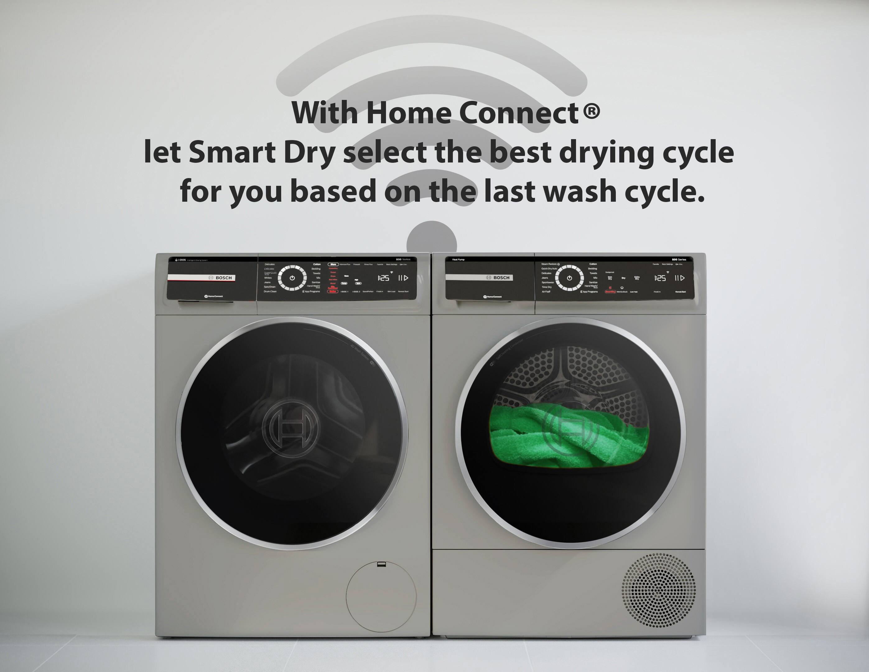 With Home Connect® let Smart Dry select the best drying cycle for you based on the last wash cycle.