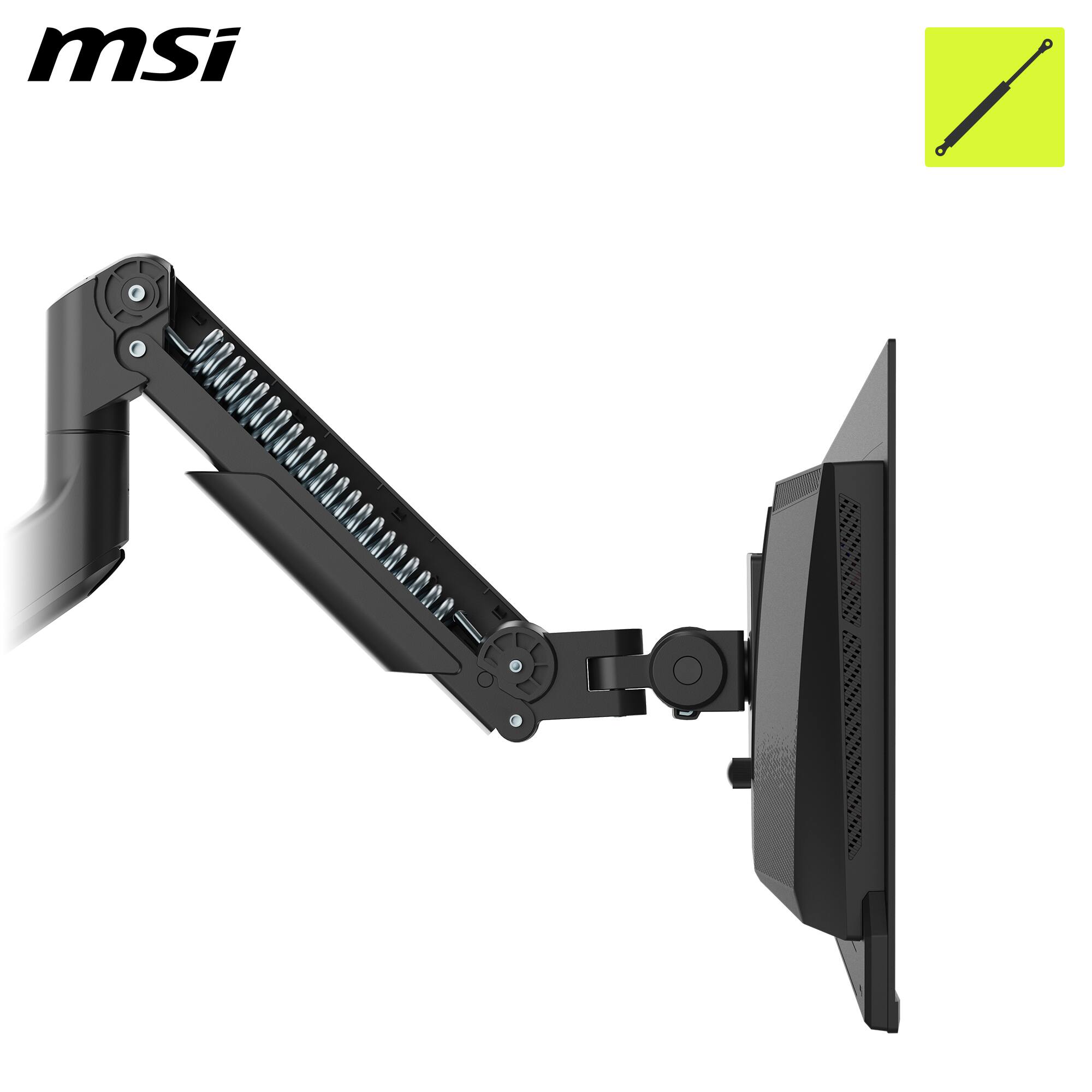 Left. MSI - MT201 Single Monitor Arm – Heavy Duty Adjustable Spring Desk Mount, VESA Compatible, 17–49in, 44 lbs, Clamp & Grommet - Matte Black.
