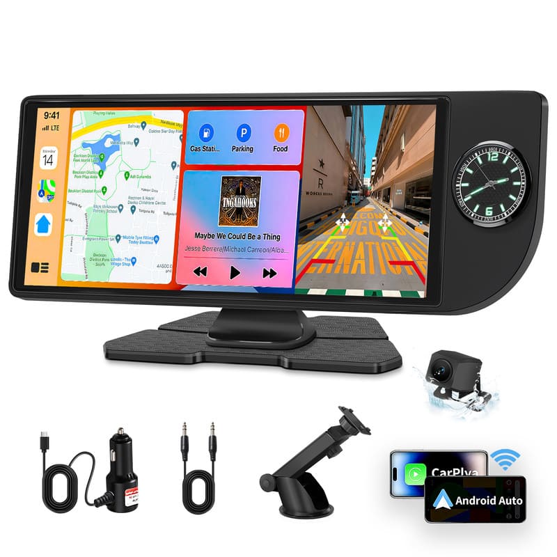 Wrightmaster - 10.26" Android Auto & Apple CarPlay Digital Media Receiver with HD Rear Camera, Adhesive Sticker & Suction Mount Bracket - Black