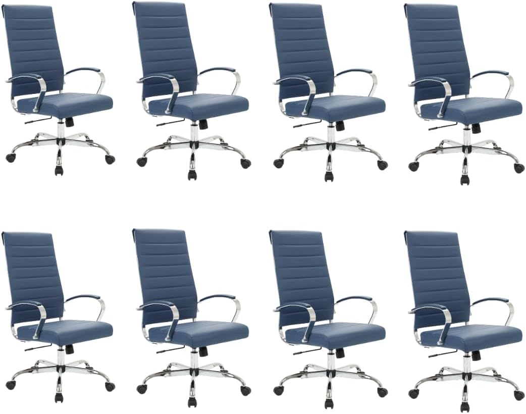 LeisureMod - Set of 8 Benmar Ergonomic Modern High Back Leather Executive Office Chair with Swivel Base and Chrome Frame - Navy Blue