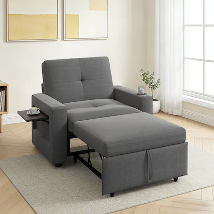 Front. Dyonery - Dyonery 42.5W convertible sleeping chair, three-in-one sofa, with pull-out bed and wing table, cup holder, Grey - Grey.