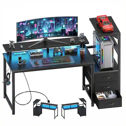 Front. Anysun - 52-inch gaming table with drawers and 3 fabric drawers, equipped with USB ports and LED lights for the computer desk - Black.