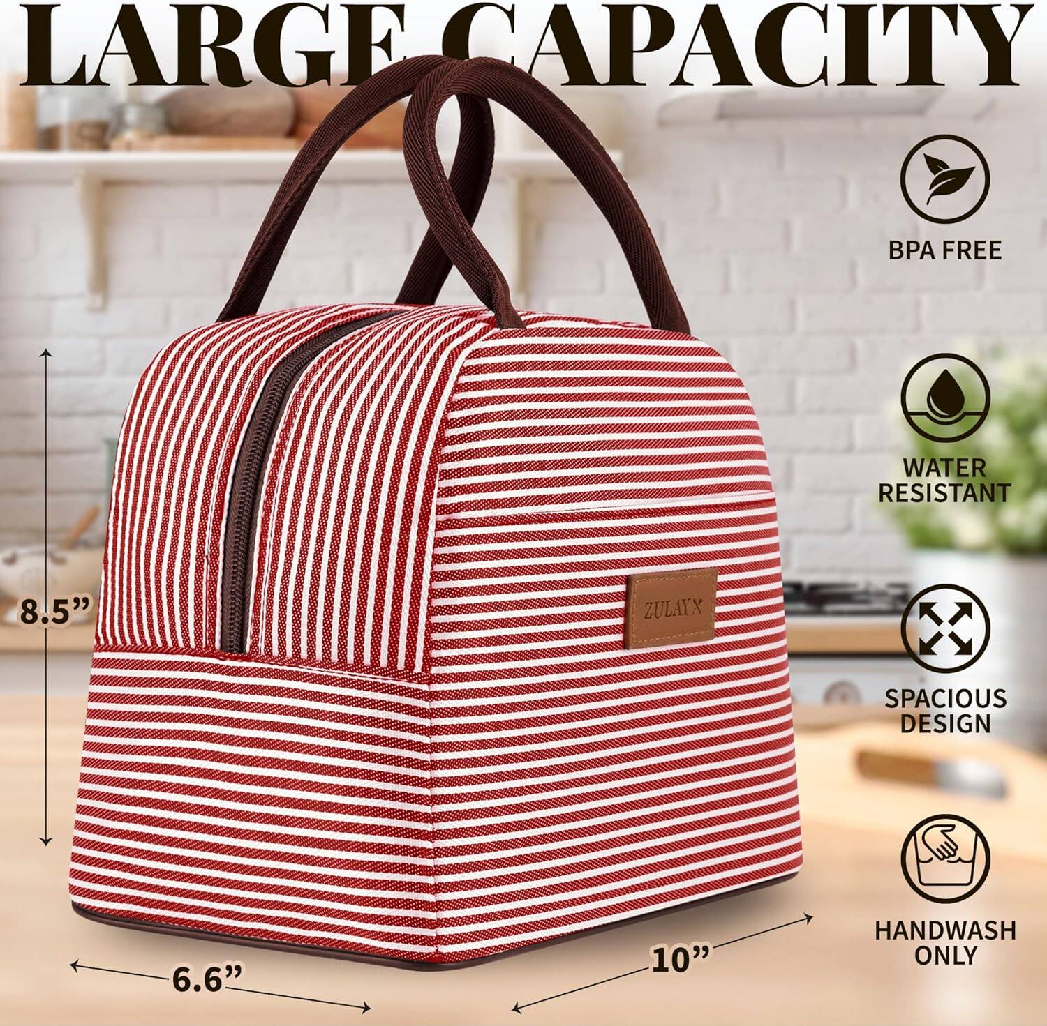 LARGE CAPACITY  
BPA FREE  
WATER RESISTANT  
SPACIOUS DESIGN  
HANDWASH ONLY  

8.5"  
6.6"  
10"