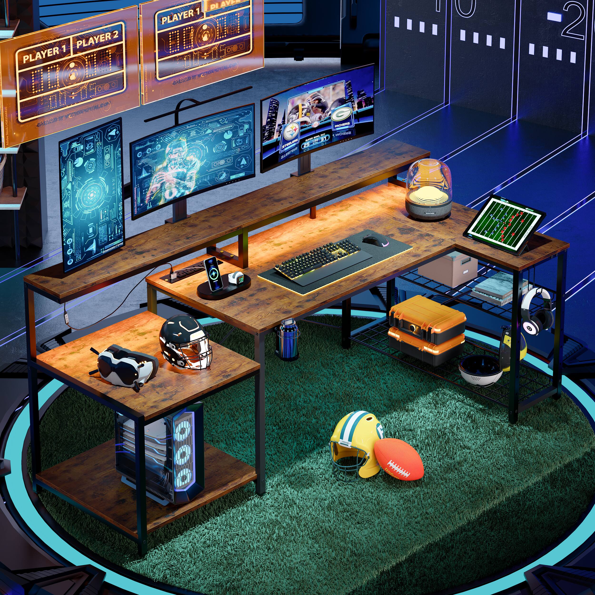 Bestier 71in L shaped Computer desk with power outlet LED Gaming Desk