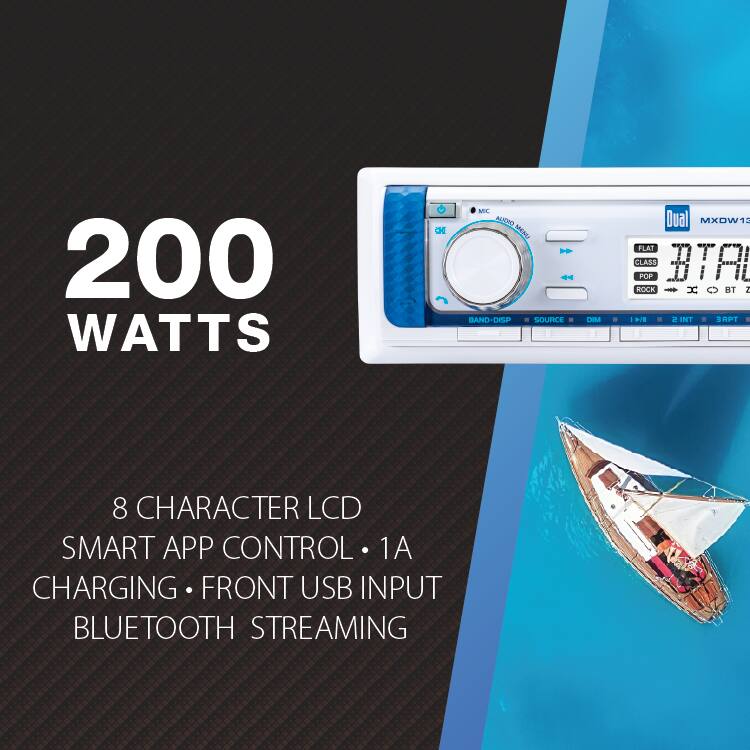 200 WATTS

Dual MXDW13 FLAT CLASS POP ROCK BT

8 CHARACTER LCD SMART APP CONTROL 1A CHARGING FRONT USB INPUT BLUETOOTH STREAMING