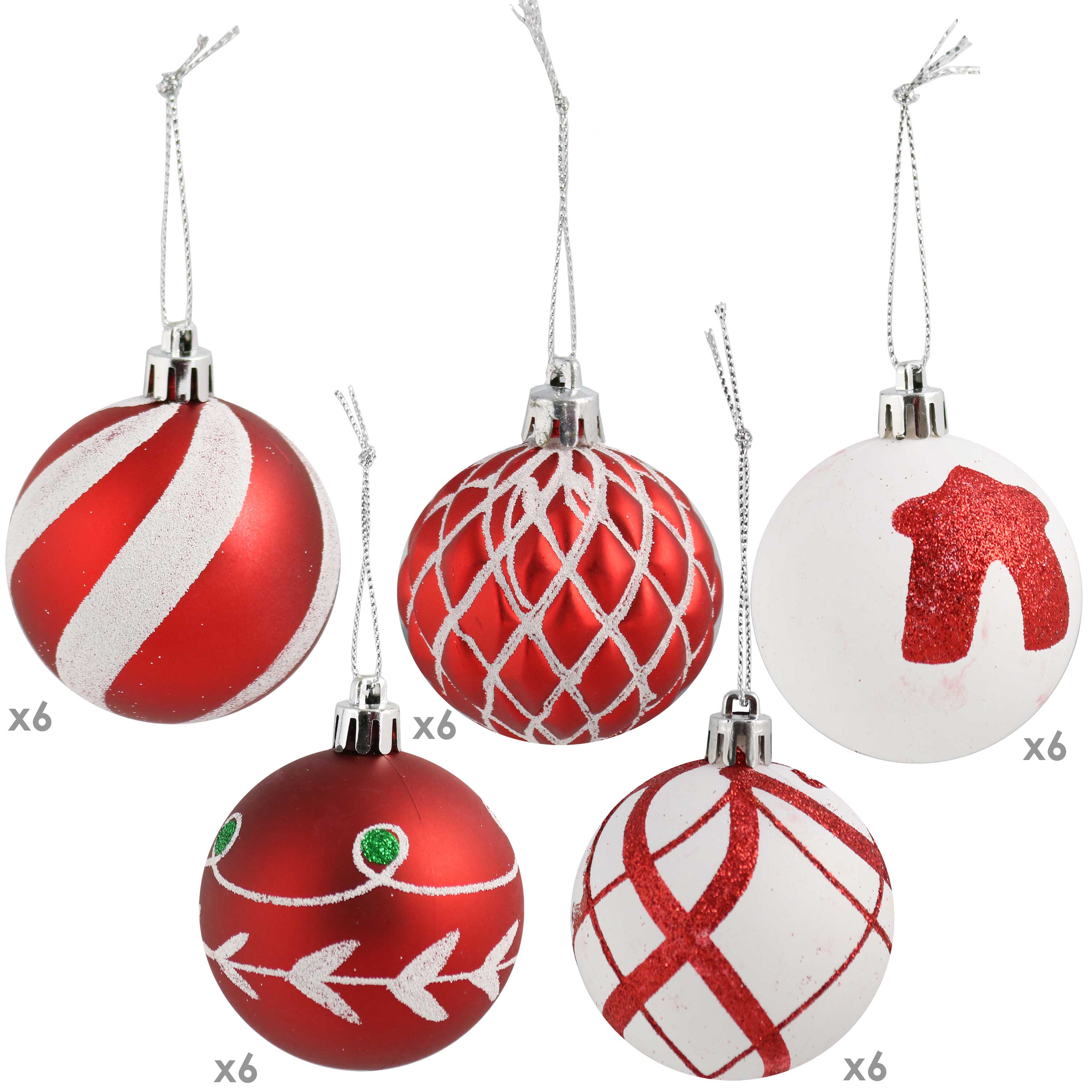 Alt View 4. Sunnydaze - Holiday Glitter 30-Piece Christmas Ornament Set - Red/White.