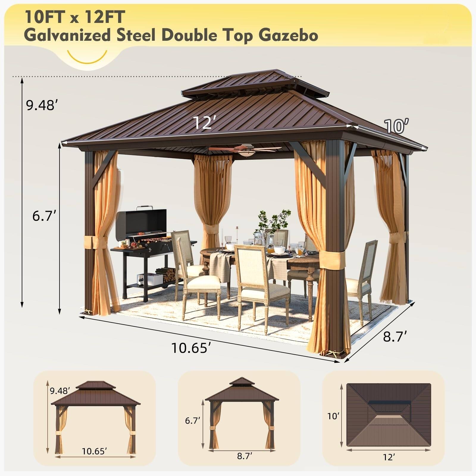 10FT x 12FT Galvanized Steel Double Top Gazebo

- 9.48'
- 12'
- 10'
- 6.7'
- 10.65'
- 8.7'
- 9.48'
- 6.7'
- 10'
- 10.65'
- 8.7'
- 12'