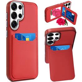 Kitcheniva - Elegant PU Leather Card Holder Case With Mirror And Tempered Glass For Samsung S25 Ultra - Red