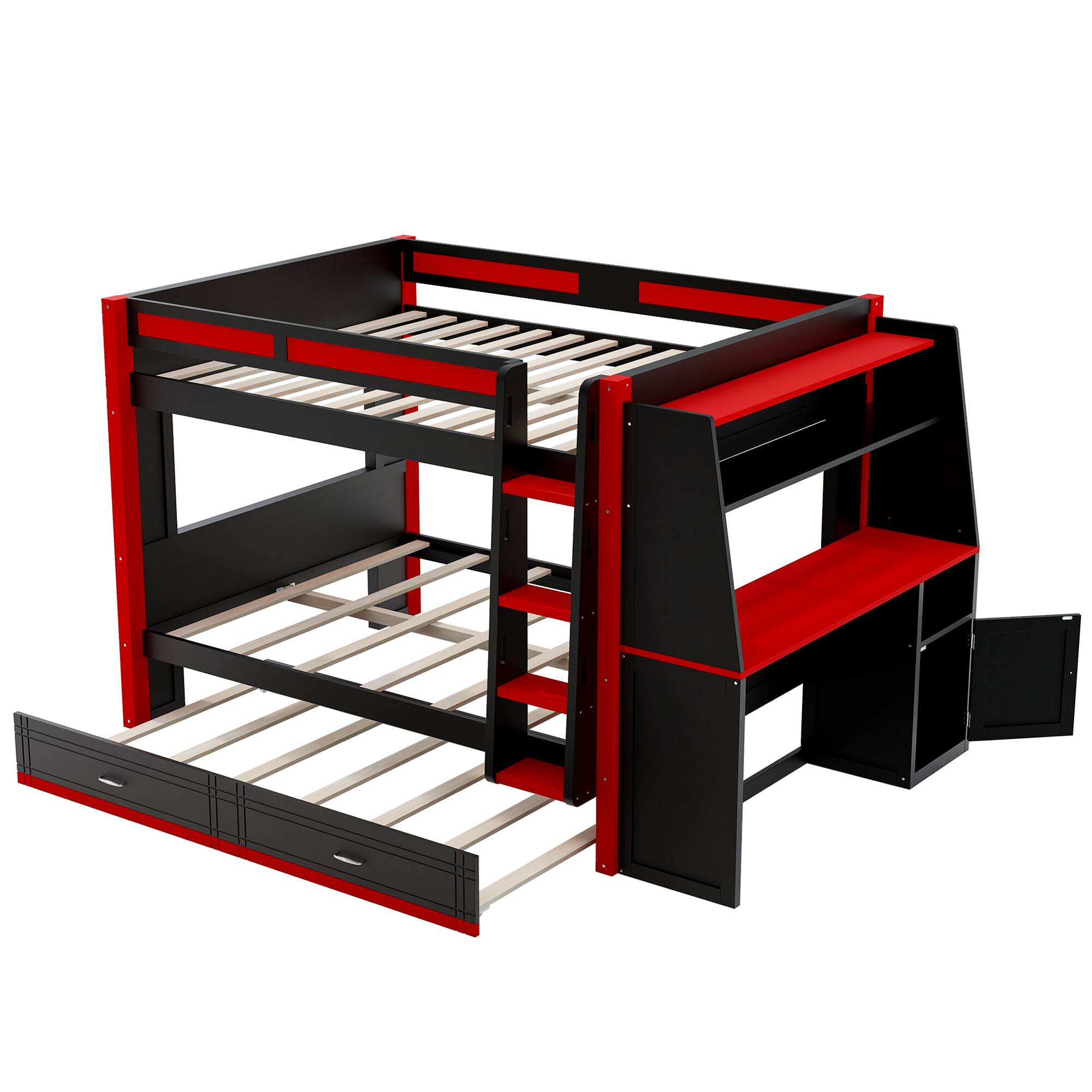 Angle. Whisen - Full Size Multifunctional Bunk Bed with Trundle,LED Lights,Desk and Bookshelves-Red+Black - Black.