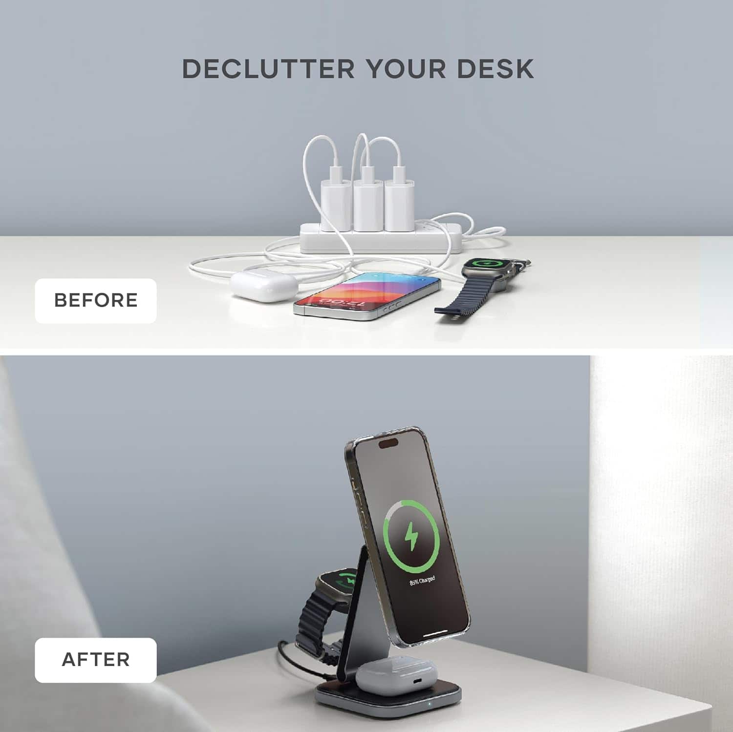 DECLUTTER YOUR DESK BEFORE:
1. Fox4 News
2. Cell phone
3. Charger
4. Cords
5. Iphone
6. Laptop
7. Headphones
8. Desk
AFTER:
1. Fox4 News
2. Cell phone
3. Charger
4. Cords
5. Iphone
6. Laptop
7. Headphones
8. Desk
The text is grouped and corrected, and it is now clear and concise.