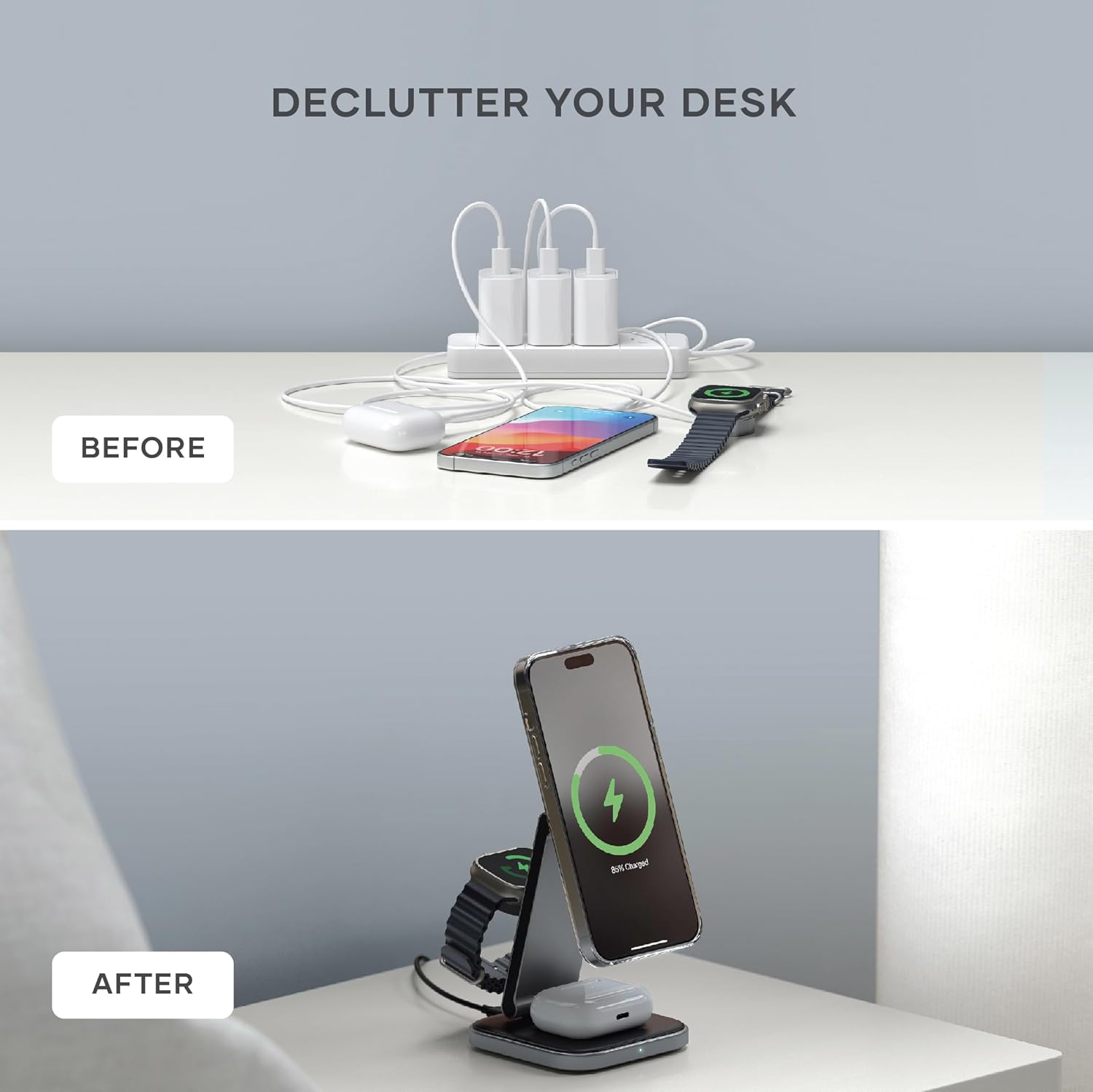 DECLUTTER YOUR DESK BEFORE:

1. Fox4 News
2. Cell phone
3. Charger
4. Cords
5. Iphone
6. Laptop
7. Headphones
8. Desk

AFTER:

1. Fox4 News
2. Cell phone
3. Charger
4. Cords
5. Iphone
6. Laptop
7. Headphones
8. Desk

The text is grouped and corrected, and it is now clear and concise.