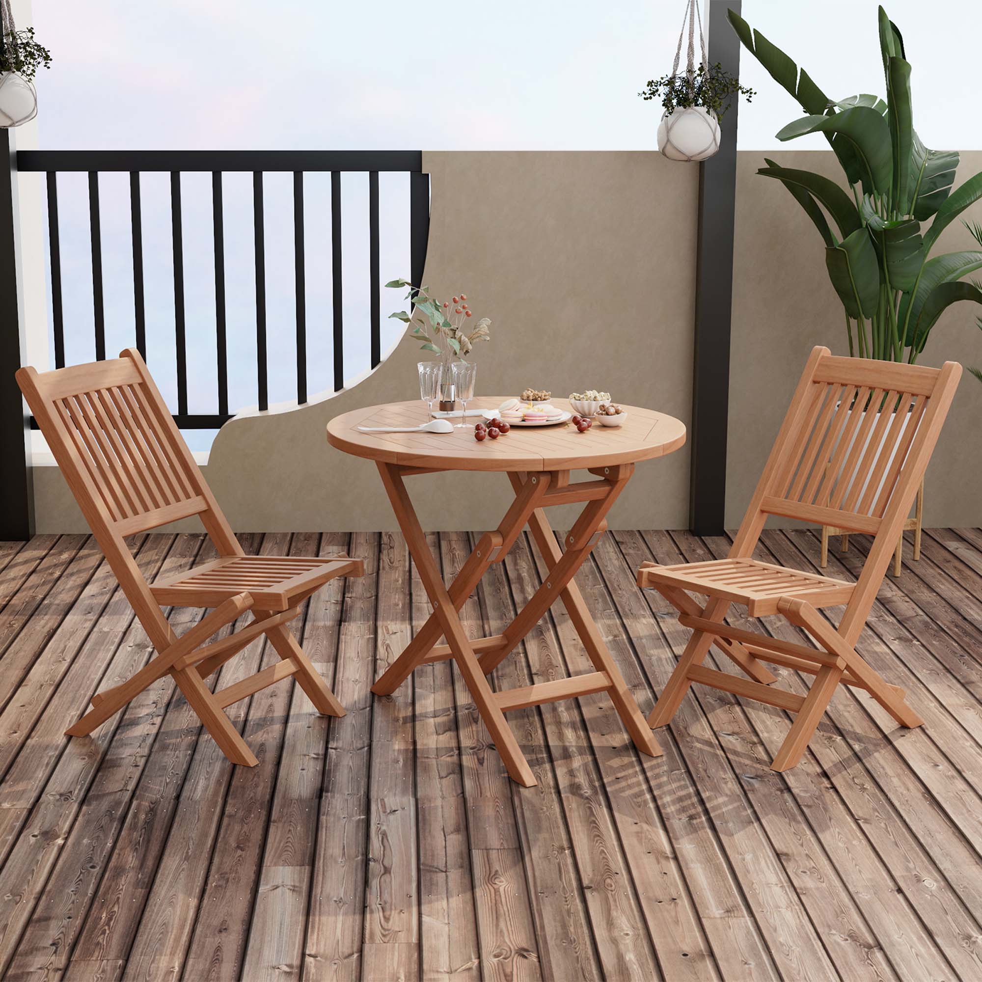 Alt View 1. Costway - Costway 3pcs Patio Outdoor  Indonesia Teak Wood Bistro Dining Set Folding Chair & Table Slatted - Natural.