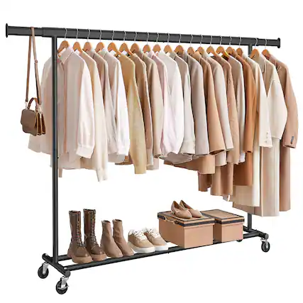 Front. Songmics Home - Clothes Rack with Wheels, Heavy-Duty Clothing Rack for Hanging Clothes, Portable Garment Rack - Black.